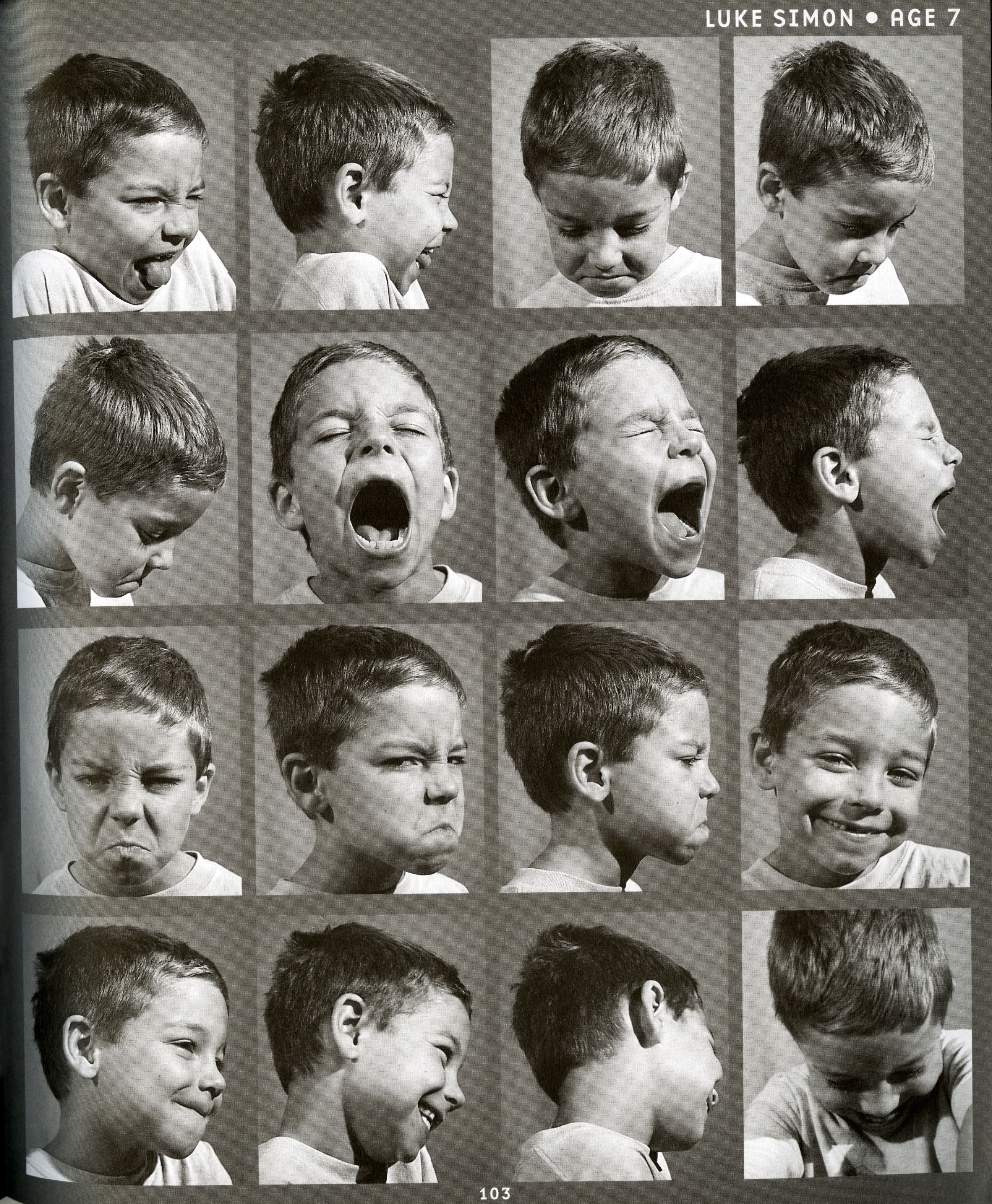 a black and white collage of a boy named luke simon, age 7, showcasing a variety of facial expressions. the photographs are arranged in a grid pattern and are likely taken for psychological or developmental studies. each image captures the boy with a different expression, displaying various emotions, from happy to angry, sad to surprised. the style is vintage and the photographs are quite detailed. the overall look and feel of the image evoke a sense of nostalgia.