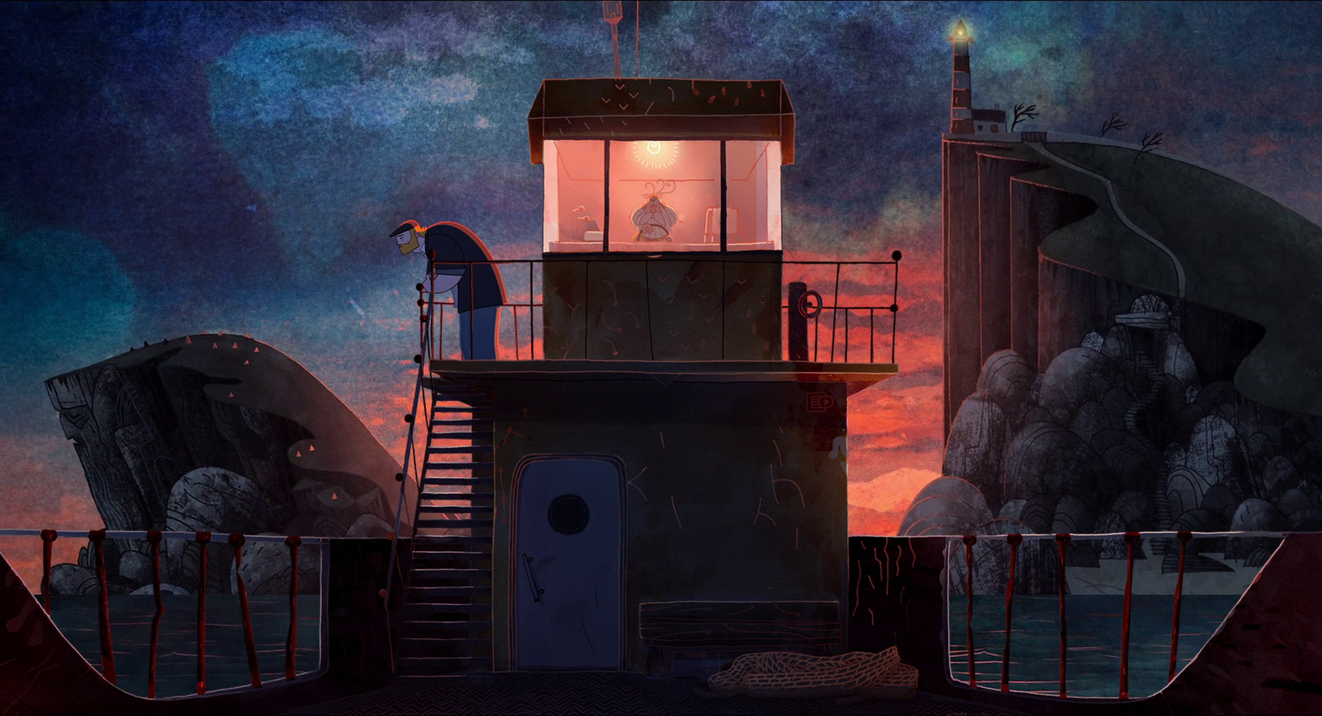 the image is a digital painting or illustration that depicts a stylized scene at dusk or twilight. the setting is a dramatic seascape with a rocky cliff featuring a lighthouse in the background. a man stands on the upper deck of a ship or a small structure resembling a ship's bridge.  he's looking downward, and the overall atmosphere is moody, melancholic, and somewhat surreal. the color palette uses deep blues, oranges, and dark grays to create a sense of depth and mystery. the style is highly artistic and painterly, with visible brushstrokes or texture creating a unique aesthetic. the scene suggests themes of isolation, contemplation, and the vastness of the natural world.
