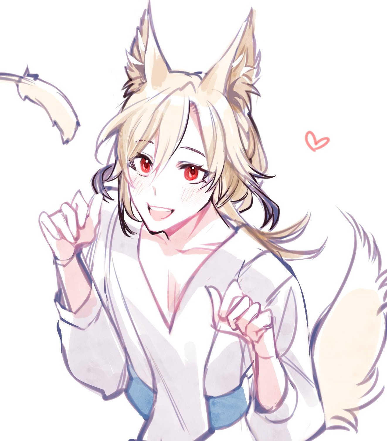 a digital drawing of a young anime girl with long blonde hair, cat ears, and a white kimono. she has a big smile on her face and a light blush on her cheeks. she is standing in a white room.  the girl appears to be excited and happy, and the image has a whimsical and adorable feel.