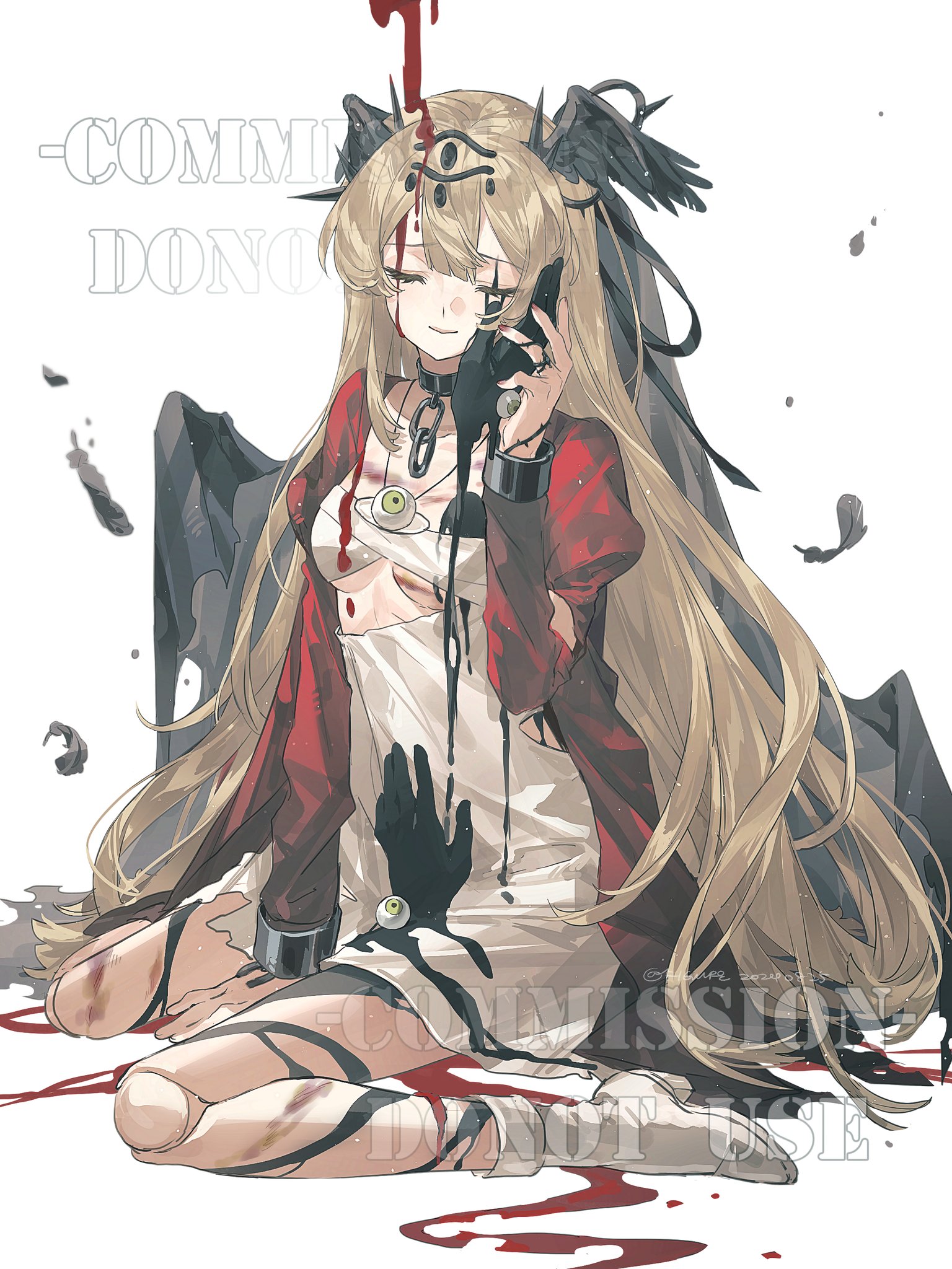 an anime girl with blonde hair and wings is sitting down. she has a third eye on her forehead and an eyepatch. she is wearing black gloves, a red jacket, and a white dress. she has a collar and chains around her neck. she is wearing rings on her fingers. she has bruises and cuts on her body. there is blood and gore all around her. she has a serious expression on her face.