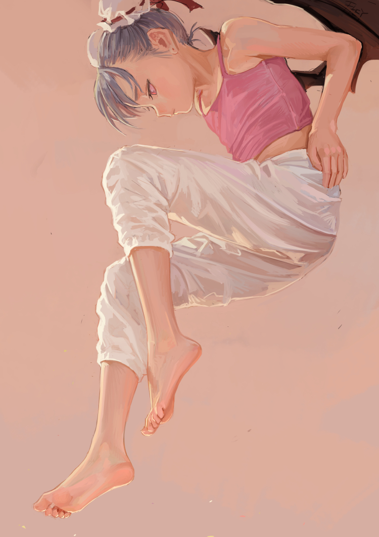 an animestyle drawing of a young woman sitting with her legs dangling. she wears a pink tank top and white pants, and she is barefoot. she has short, light blue hair and a maid's headdress on her head. she is looking down with her head titled forward slightly. the background is a soft light pink color.