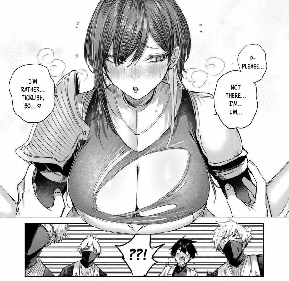 the image is a black and white manga panel featuring a woman with short, dark hair and large breasts, wearing armor. she appears flustered and is saying "p please..." and "not there... i'm... um..." there are speech bubbles indicating she is ticklish. in the lower panel, there are three characters with expressions of surprise.