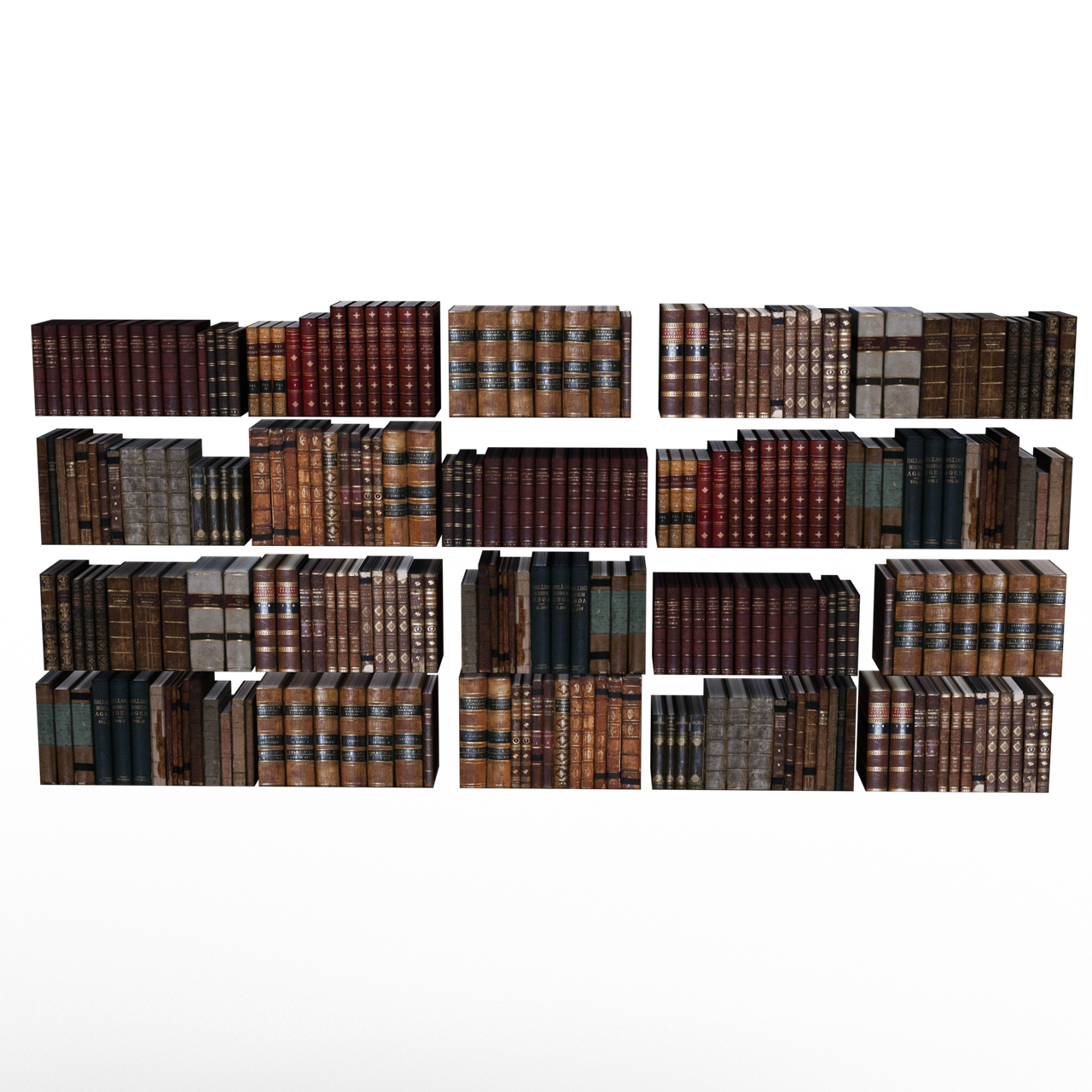 a collection of old and antique books arranged on a bookshelf. the books are various shades of brown, red, and gray, and their spines are adorned with gold lettering and intricate designs. the background is solid black.