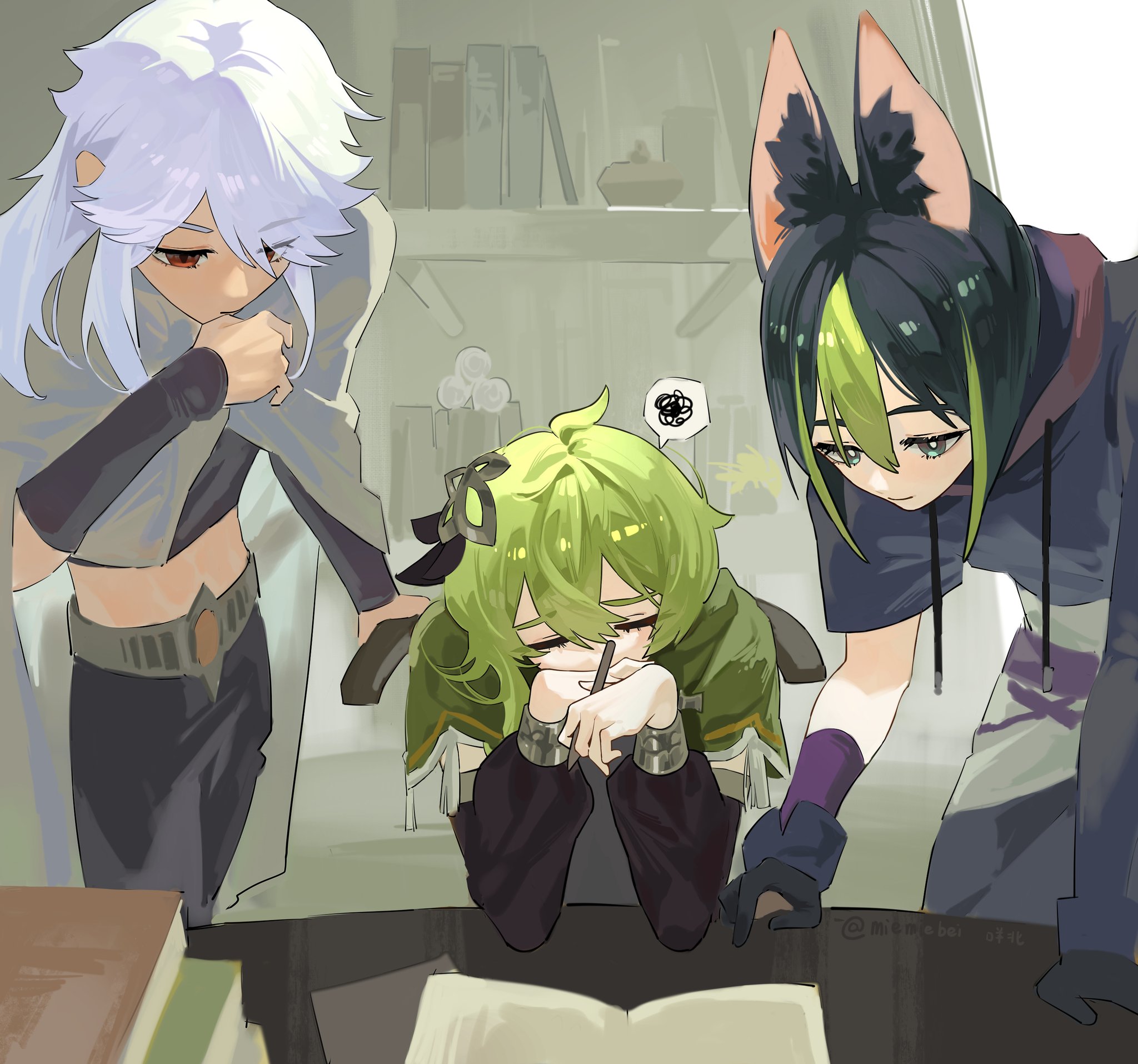 the image is of three anime girls sitting at a desk. the girl on the left has white hair and is looking at a book. the girl in the middle has green hair and is writing in a book. the girl on the right has black hair with cat ears and is looking at the girl in the middle. the girls are all wearing casual clothes. the image has a soft, pastel color palette. the background is a blurred image of a bookshelf.