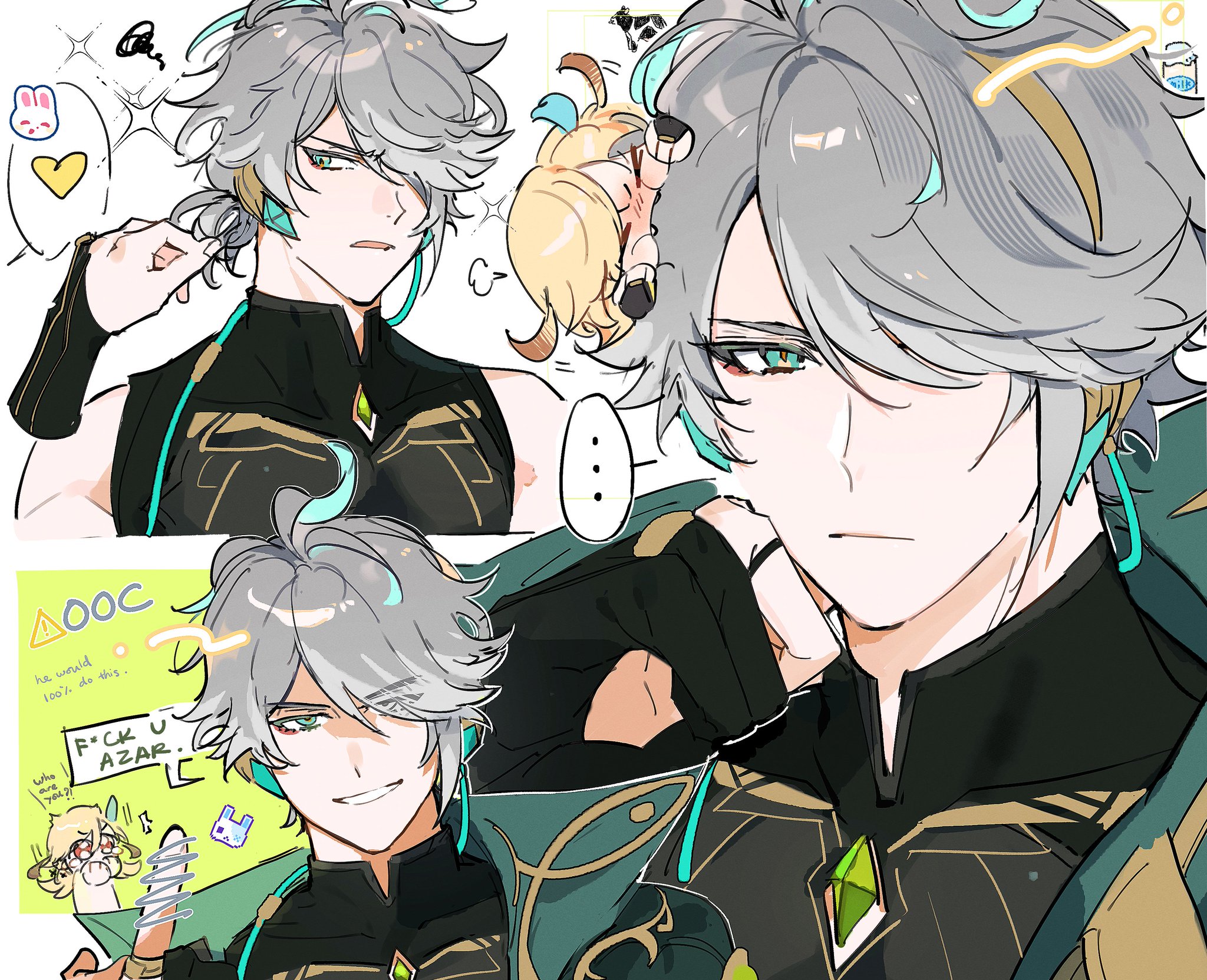 this is a digital illustration of a male anime character with white hair and green eyes. he is wearing a green and gold outfit and headphones. the character appears to be from a video game. the background is a light pink and yellow with a couple of speech bubbles.