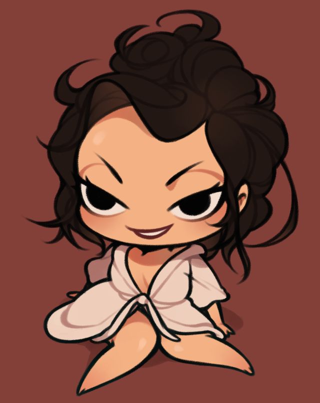 a cartoon illustration of a woman with brown hair in a bun, wearing a white robe, sitting on a brown background. she has a sly smile on her face.