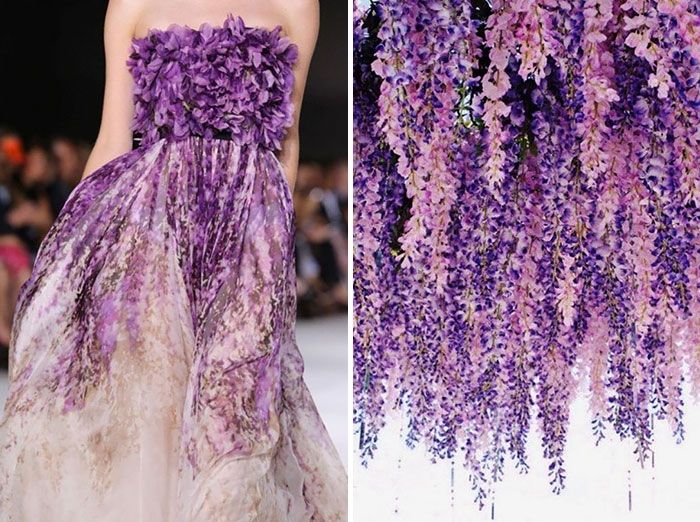 the image showcases a stunning splitscreen comparison of a purple floral fashion dress and a cascade of wisteria flowers. on the left, a fashion model graces the runway in a breathtaking purple dress, the bodice adorned with a magnificent floral embellishment. the dress, flowing and elegant, possesses a light, almost translucent quality.  on the right, a mesmerizing display of wisteria flowers cascades down, creating a backdrop of delicate purple and pink hues. the image juxtaposes the exquisite artistry of fashion with the natural beauty of nature, highlighting the shared language of color, texture, and form. the image invites viewers to appreciate the delicate beauty of both the dress and the flowers,  and the ways they intertwine in their visual appeal.