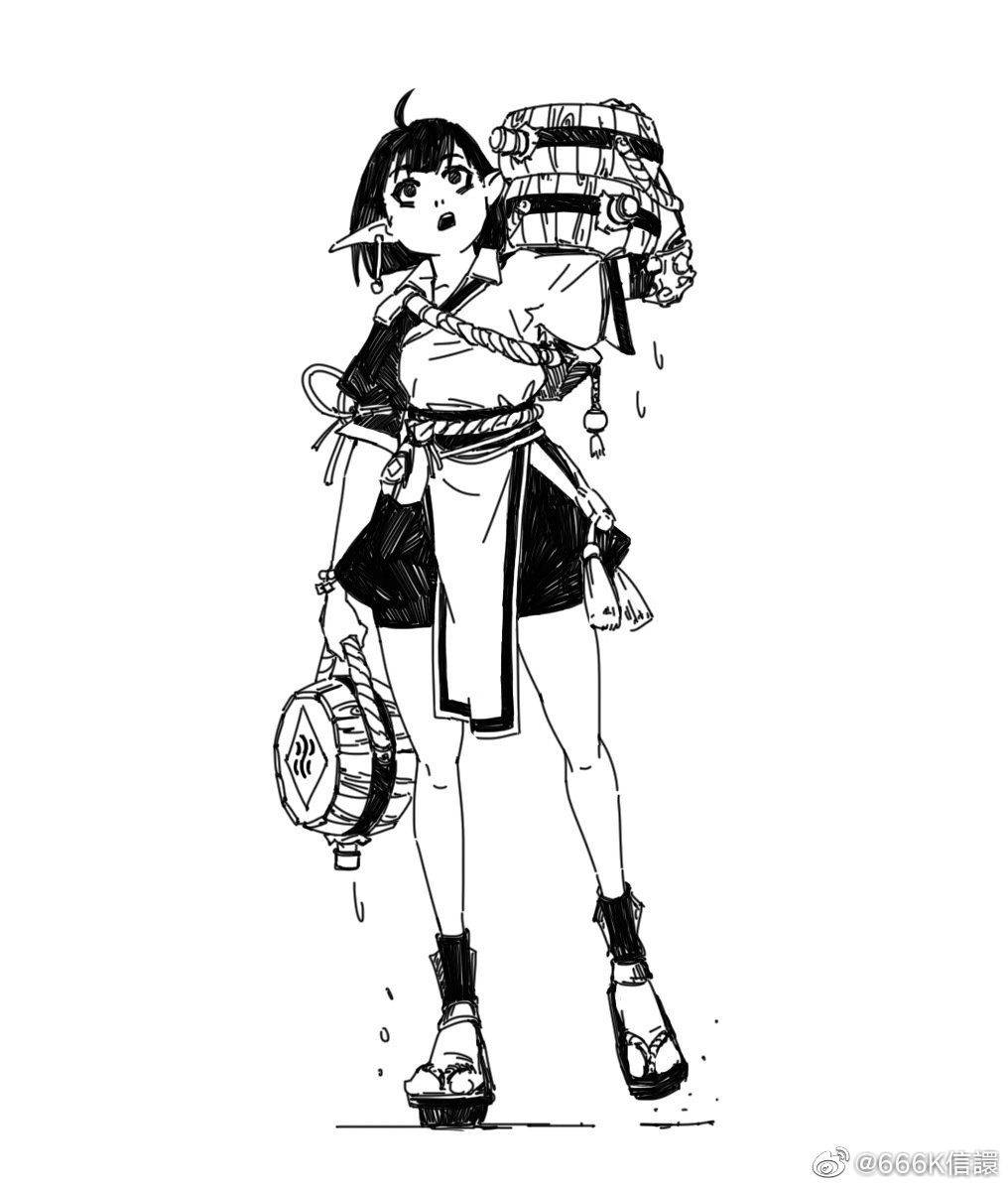 the image is a black and white ink sketch or drawing of an animestyle girl who appears to be an elf. she is wearing a japaneseinspired kimonolike outfit and geta sandals. she is carrying two large wooden barrels or buckets, one on her shoulder and one in her hand. the style is expressive and somewhat whimsical. the overall impression is of a fantasy character in a japanese setting. the art style is detailed but also loose and expressive, highlighting the character's pose and the details of her clothing and the barrels.