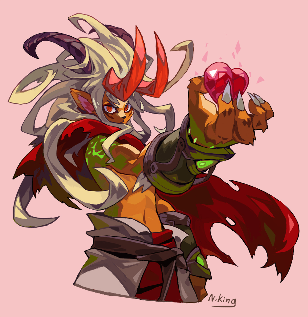this digital artwork features a fantasy anime character. the character is a demon with horns, wings, and a red and green outfit. they have long yellow hair and are holding out a red heart in their right hand. they are looking at the viewer and are surrounded by pink hearts. the background is a pink hue. the character is shown in a strong and powerful pose.