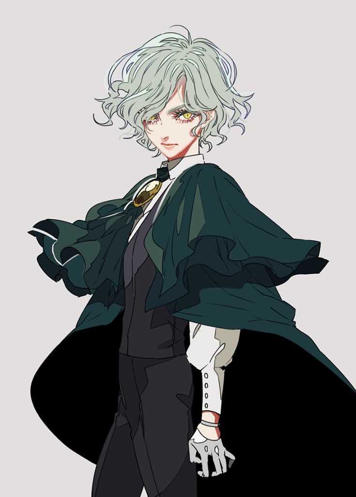 he image showcases an animestyle illustration of a young man. he possesses short, wavy, lightgreen hair and striking yellow eyes. his attire consists of a darkgreen cloak with ruffled edges, a black formal outfit, a white collared undershirt, and white gloves adorned with small buttons. a goldcolored accessory is visible near his collar. the overall style is elegant and hints at a mysterious or fantasy character. the background is a plain light gray, making the character stand out prominently. the artistic style leans toward a refined, somewhat painterly digital aesthetic.