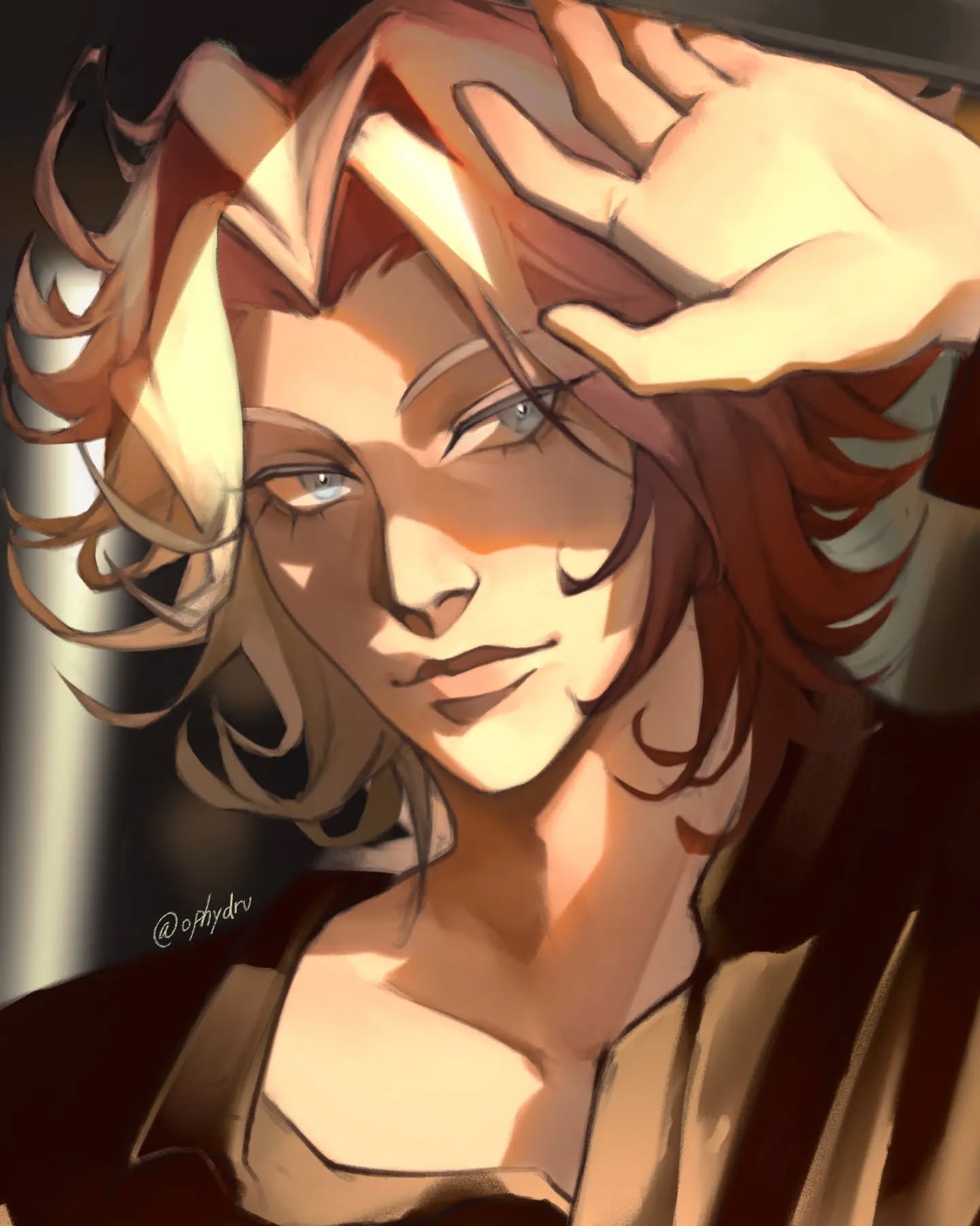 the image is a digital painting of a male character, seemingly inspired by anime or manga styles.  the character has long, wavy hair that's primarily red with blonde highlights, partially obscuring his face. his hand is raised to his forehead, shielding his eyes from what appears to be bright sunlight.  the lighting in the artwork is warm and dramatic, creating strong contrasts of light and shadow that emphasize the character's features and the texture of his hair.  his expression is subtly suggestive, possibly pensive or enigmatic. he's wearing a brown, seemingly textured garment. the style is polished and detailed, suggesting a high level of skill in digital painting. the overall mood is one of quiet intensity and intrigue.