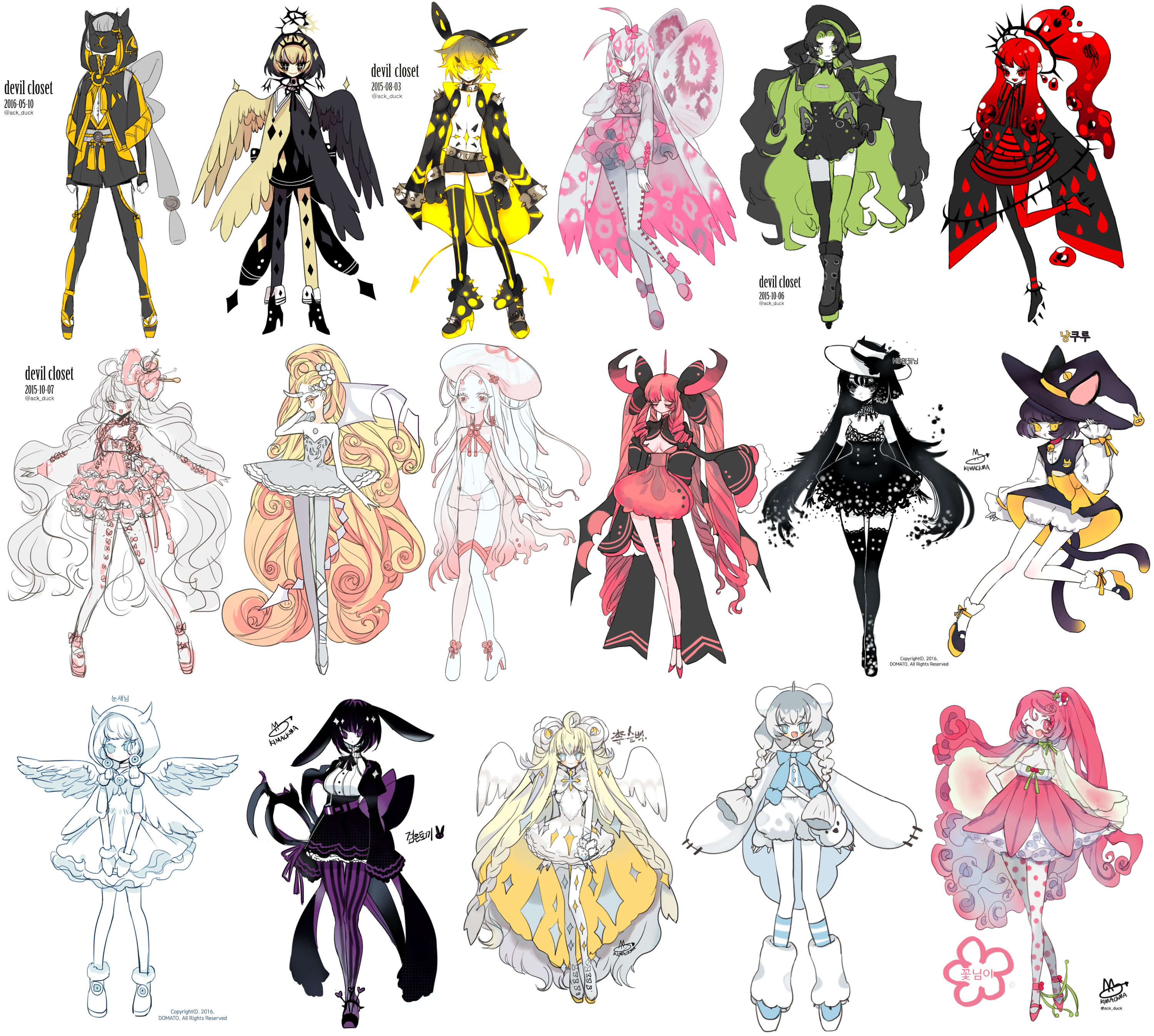 a collection of digital drawings featuring a variety of female characters, often with wings,  inspired by angels, devils, and various other themes. each character has a distinct outfit and color palette.