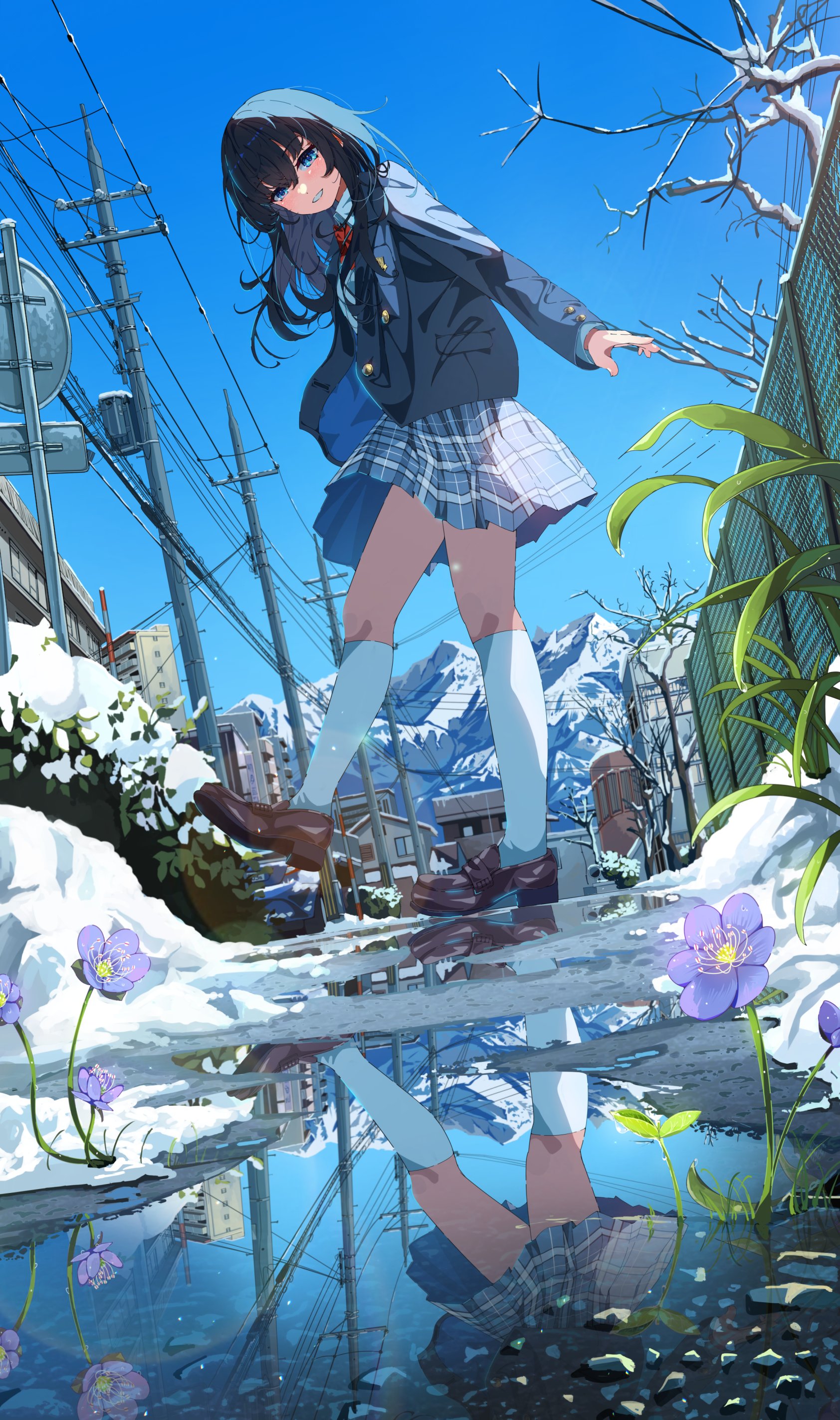 the image showcases an anime schoolgirl, dressed in a blue hooded jacket and plaid skirt uniform, walking down a snowy street.  her reflection is clearly visible in a puddle on the ground. the background features a cityscape, snowcovered ground, mountains in the distance, and power lines overhead.  the overall style is vibrant and detailed, with a lowangle perspective that makes the girl appear large and dominant in the frame. various plants and flowers, including blue anemones, are present, adding to the scene's wintry yet lively atmosphere. the reflection accurately mirrors the girl and the surrounding environment, enhancing the visual impact.