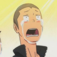 a cartoon drawing of a man with a shaved head crying. his mouth is open and tears are streaming down his face. he appears to be wearing a black jacket. the background is yellow.