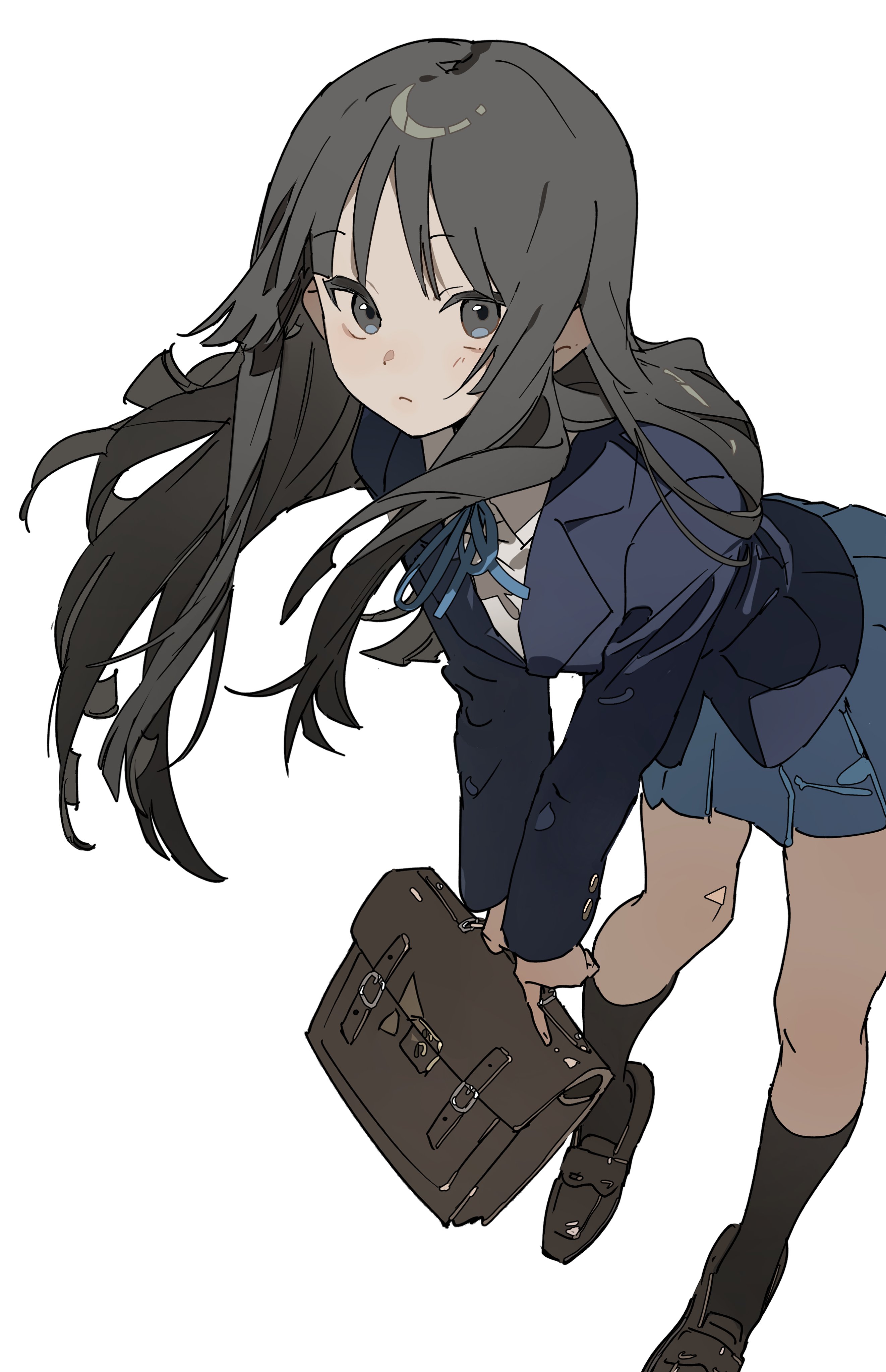 the image shows an anime girl in a school uniform. she has grey hair and grey eyes, and is looking down. she is wearing a blue jacket, a short skirt, socks, and shoes. she is holding a brown school bag.