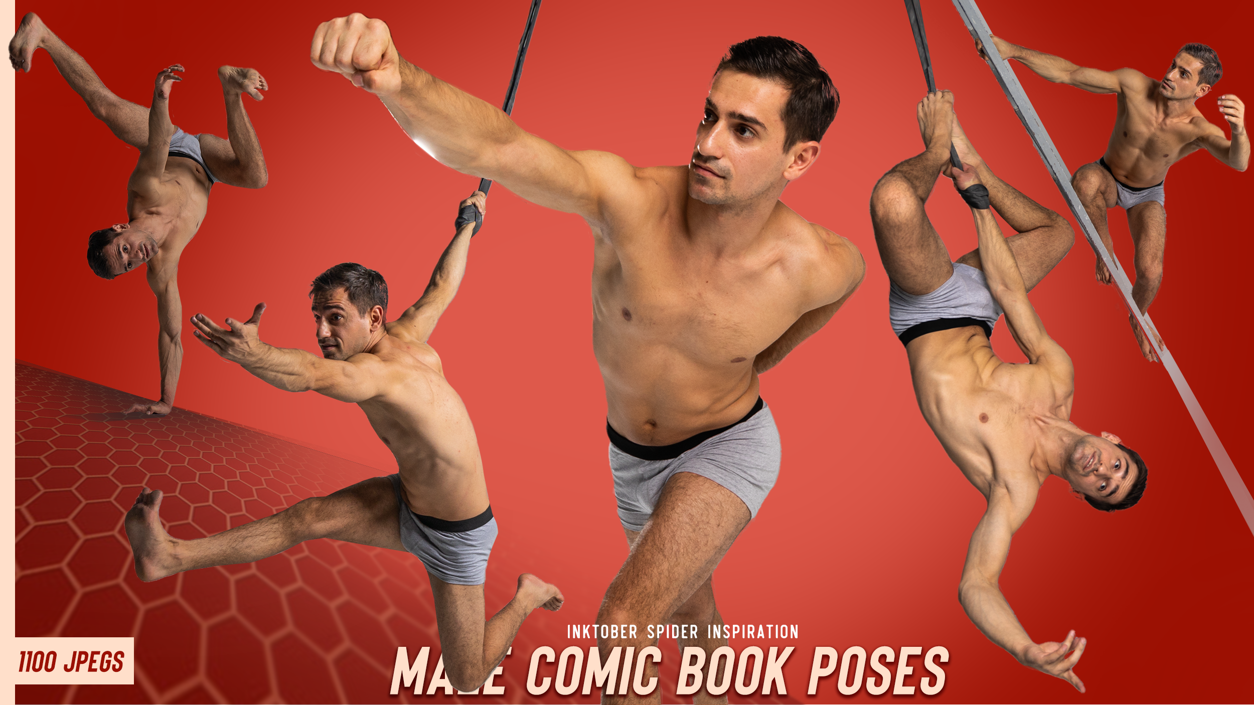 this image features five male models showcasing dynamic poses, perfect for comic book inspiration. the models are captured in various positions, from powerful leaps to suspended hangs, all with a focus on muscularity and athleticism. the red background and simple composition create a clean and impactful backdrop for these powerful poses. the title "male comic book poses" and the mention of "inktober" suggest this image is a resource for artists seeking inspiration for their characters. the highquality photography captures the intricate details of each pose, offering a valuable reference for anyone interested in exploring dynamic poses in their art.