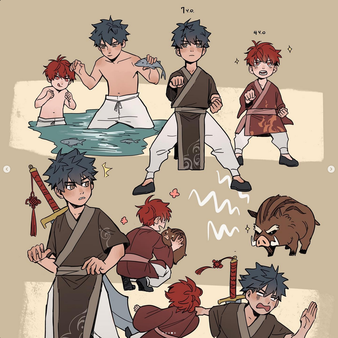 this is a charming, whimsical illustration depicting two young boys, likely brothers, engaged in playful activities that hint at a deeper bond and potential story. the older brother, with dark blue hair and dressed in brown and gray, showcases a mastery of martial arts with confident stances and a playful smirk as he interacts with his smaller, redhaired brother. the younger brother, clad in warm reds and oranges, alternates between mimicking his older brother's fighting stance and engaging in more mischievous antics, like pulling hair or clinging to the older boy. beyond the brothers, additional sketches hint at their world: a boar represents a possible threat, a sword suggests adventure, and a shared moment with a small, furry creature reveals a softer side to their dynamic. the overall tone is lighthearted and energetic, fueled by the brothers' playful rivalry and clear affection for each other.