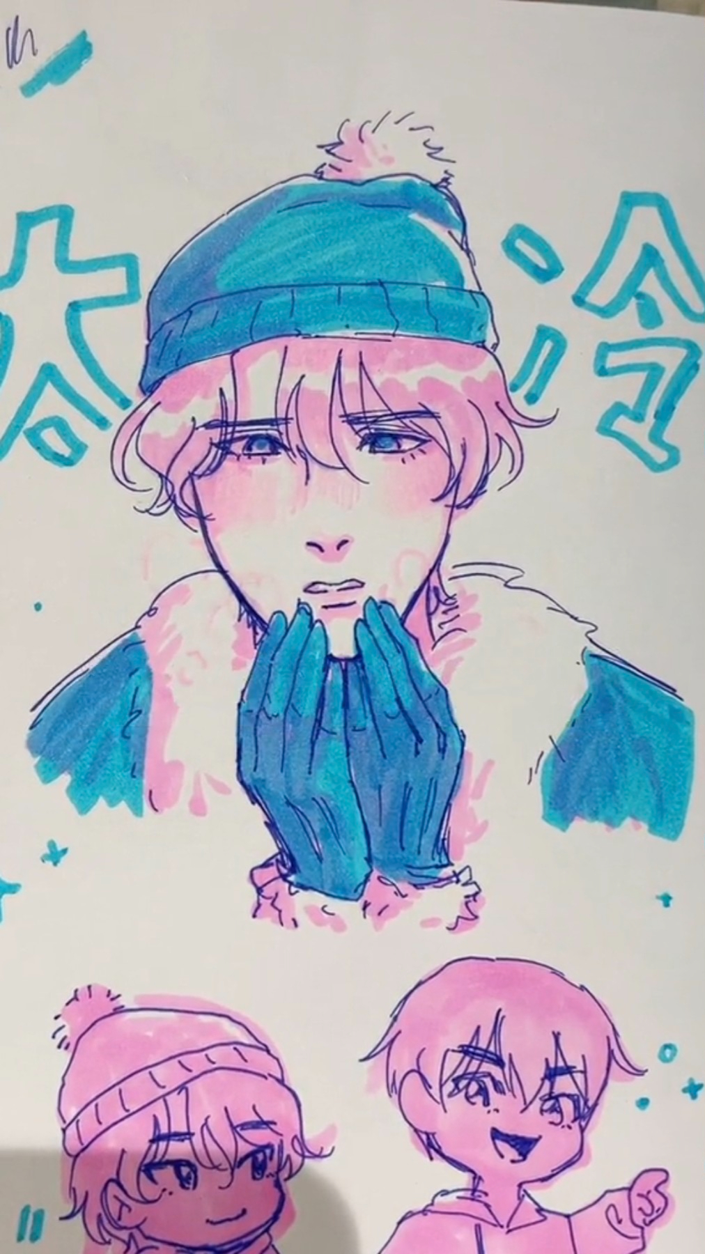 this is a drawing of an anime character in winter wear. the character has blue hair and is wearing a blue and white hat, a blue scarf and blue gloves. they are smiling and appear happy. in the bottom left corner, there is a smaller drawing of a character in a pink hat with white trim, and in the bottom right corner, there is another smaller drawing of a character in a pink hoodie with white trim. all the drawings are done in pink, blue, and purple hues. the background is white.