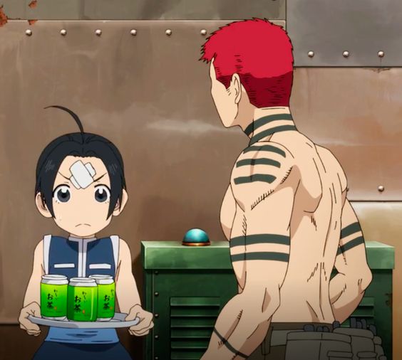 the image features two anime characters. the one on the left is a girl with black hair and green and blue clothing. she is smiling while holding a tray of green cans. the character on the right is a male with red hair and black and white clothing. he has a bandage on his head and a tattooed, muscular physique. he looks serious and is looking away from the camera.
