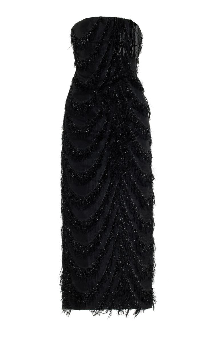a closeup shot of a black strapless dress with a fringed, sequined bodice, creating a glamorous and elegant silhouette. the dress is perfect for a cocktail party or any special occasion.