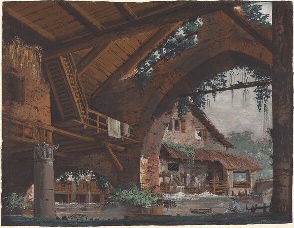 the image depicts a landscape scene with architectural elements and natural features. a large stone arch dominates the view, covered in vegetation and leading to a building with a water mill. wooden structures, including a staircase and a bridge, connect to the arch. below, a river flows, reflecting the structures above. a person sits by the riverbank, adding a human element to the scene. trees and plants surround the water, framing the composition. the style resembles an old painting.