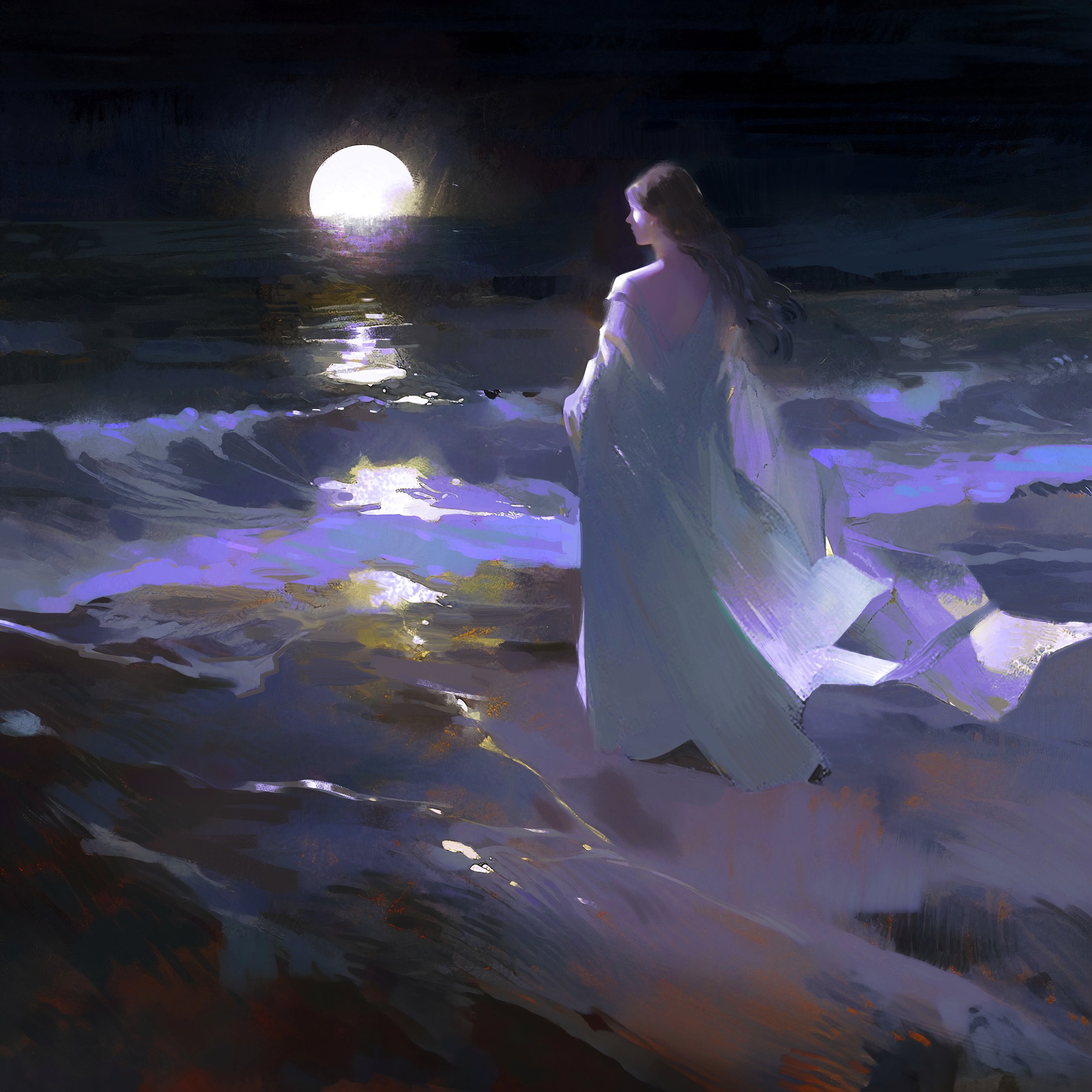 a woman stands on a beach at night, looking out at the moonlit ocean. the sea is dark and mysterious, and the sky is full of stars. the woman is wearing a white dress and her hair is long and flowing. the scene is magical and surreal, and it evokes a sense of mystery and wonder. the painting is done in a digital art style, and the colors are soft and muted.