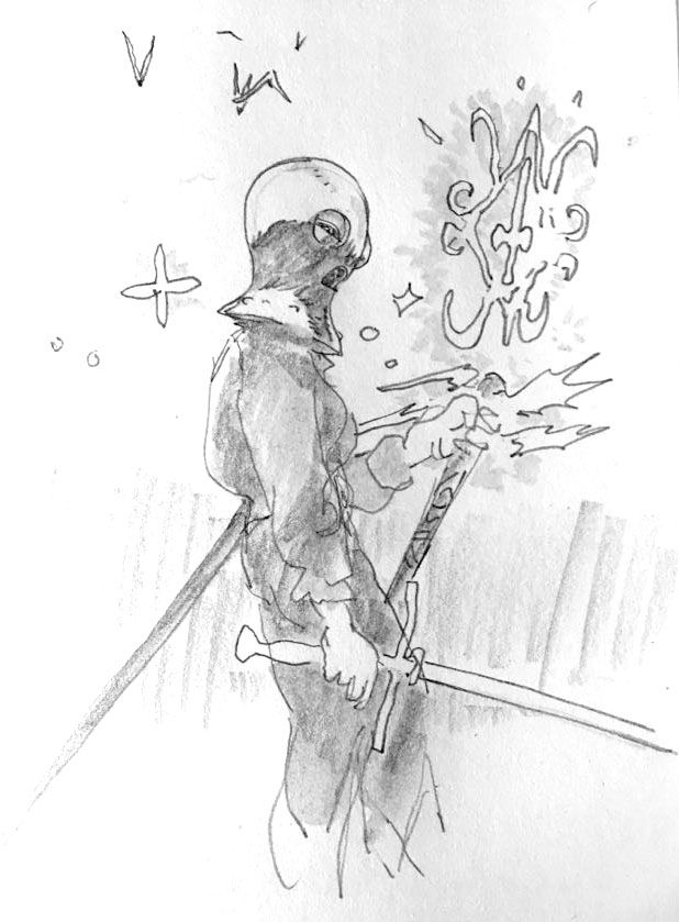 a handdrawn pencil sketch of a knightlike character wielding a magical sword. the character is depicted with a helmet and a cape, and their hand is outstretched, with glowing energy emanating from their sword. the drawing has a dynamic, actionpacked feel.