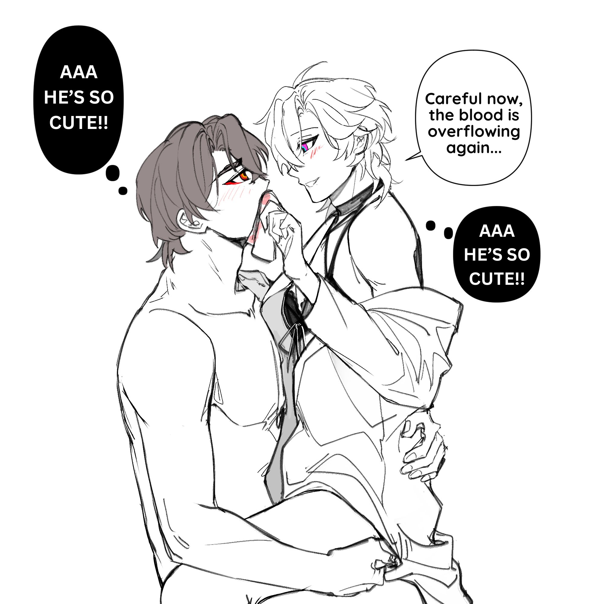 he image is a fanart drawing depicting two animestyle male characters engaged in an intimate moment.  one character, with white hair, is sitting on the lap of the other, who has dark hair. the whitehaired character appears to be biting or licking the other's neck.  the drawing style is sketchy and somewhat rough, indicative of a quick drawing or concept art. speech bubbles express the thoughts of the darkhaired character, indicating infatuation and concern about the potential for bleeding. the overall aesthetic is suggestive of a romantic or passionate scene, common in yaoi manga.