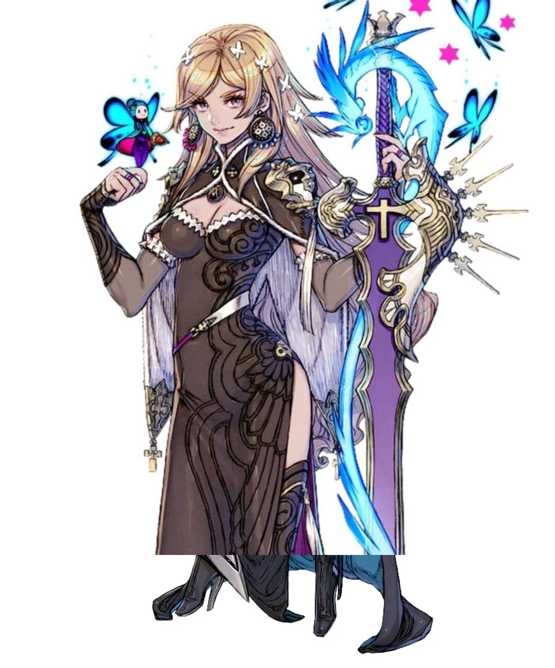 the image shows a female character from what appears to be a fantasy game or anime. she is dressed in an ornate black and gold outfit that resembles a mix between a dress and armor. her long blonde hair flows down her back, and she holds a large, glowing blue sword with a dragon design. small, colorful fairies flutter around her, adding to the magical and ethereal quality of the image.