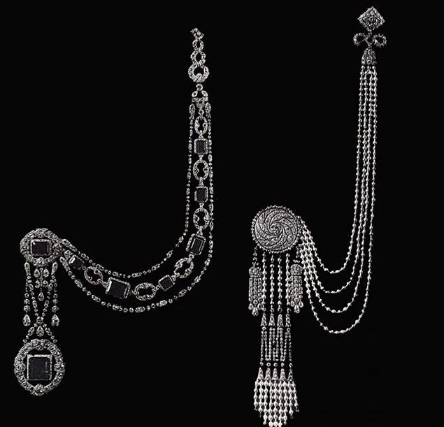 the image shows two pieces of jewelry, likely antique or vintage earrings, against a black background. the earring on the left features a curved design with square gemstones set within silver frames and connecting chains. it has pendants hanging from a central design. the earring on the right has a large circular design at the top with multiple strands of silver chains hanging down, ending in decorative tassels. both pieces are ornate and intricately designed, suggesting high craftsmanship.