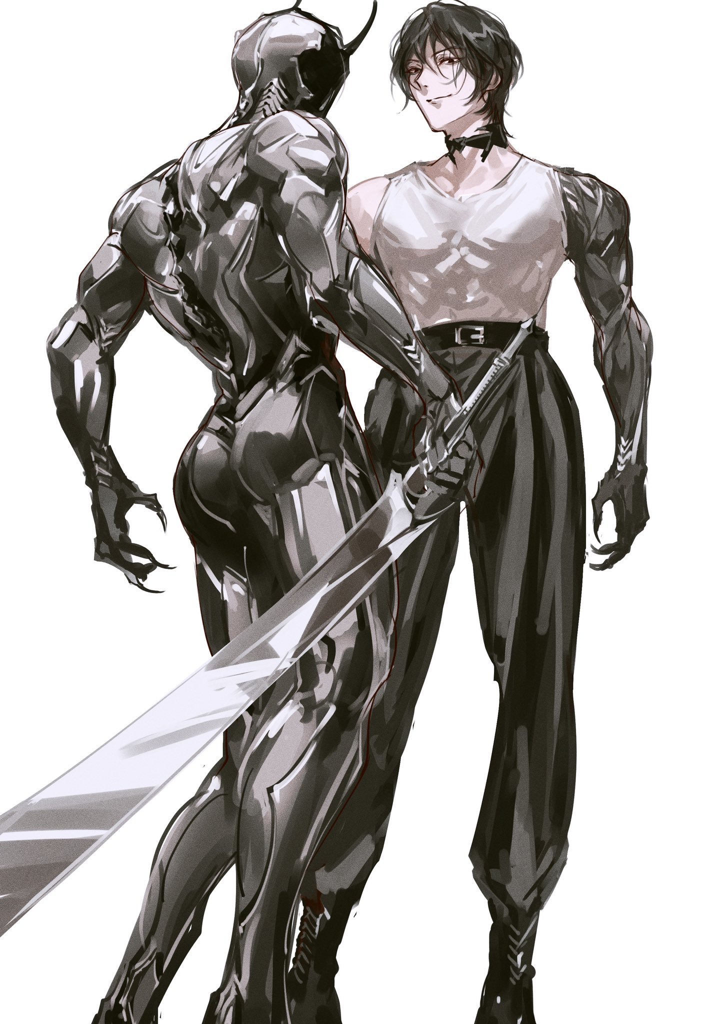 the image is a black and white digital illustration of two male characters. the character on the left is a cyborg or robot with a sleek black bodysuit, sharp claws and a long sword. the character on the right is a human male wearing a white tank top, black pants, and a belt with a silver buckle. he also has a dark neck choker. he's holding a sword, but it's behind his back, and is looking directly at the cyborg. the image is drawn in a very detailed and dynamic style. the cyborg's body is a highly articulated and sleek design with a smooth metallic texture. the human character has a more realistic and detailed appearance with strong features and a confident expression. the pose of the two characters is dynamic and actionpacked. the cyborg is standing in a defensive stance with its sword raised, while the human character is standing in a relaxed yet menacing pose. the overall tone of the image is dark and brooding, with a sense of power and danger. the image likely represents a scene from a science fiction or fantasy story.