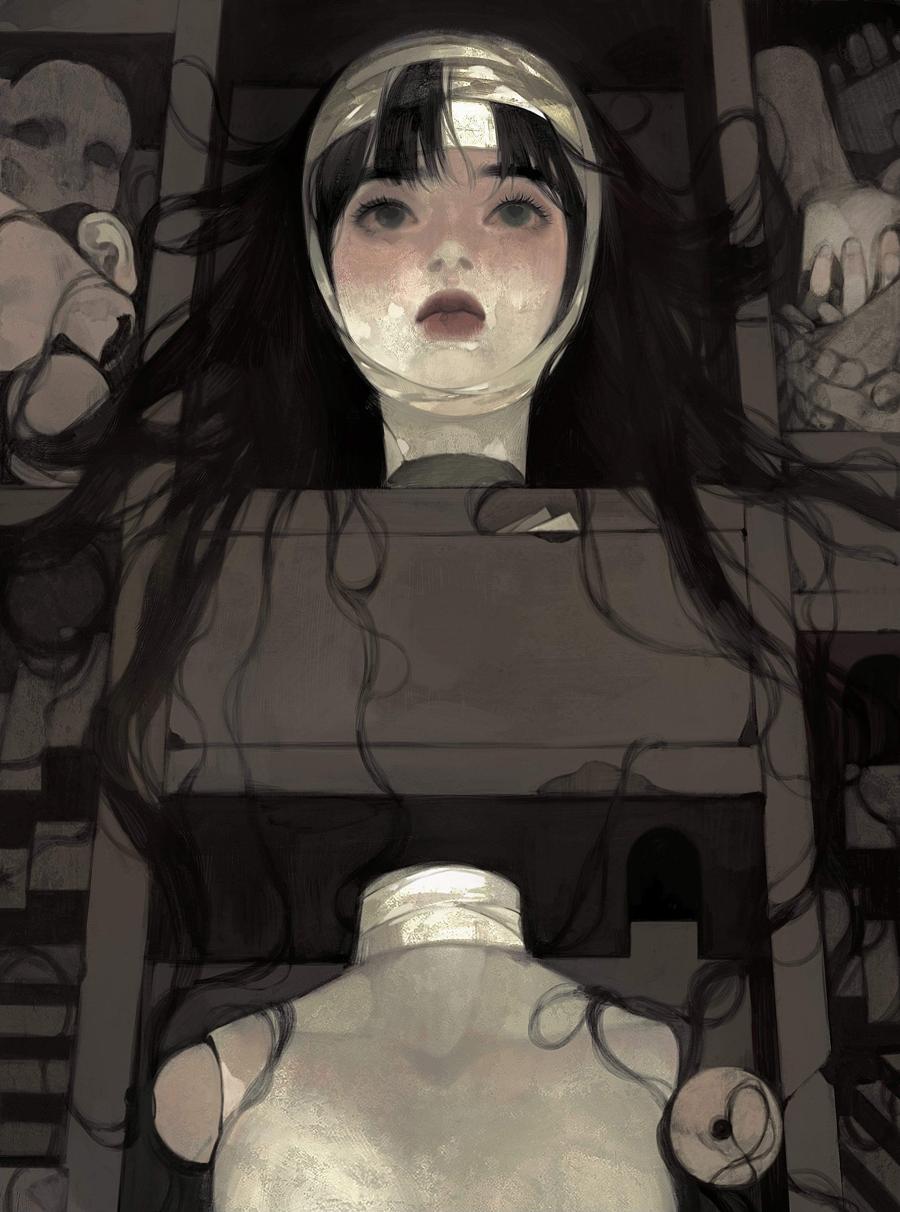 the image shows a woman's head with dark hair and eyes, her face is covered with a white bandage, and she is looking at the viewer. the woman's body is hidden under a box, only her head and a small part of her neck are visible. the rest of the image is filled with dark shadows, and there are some shadowy figures behind her. the image is in a style that is both abstract and mystical, and it is likely intended to create a feeling of unease or discomfort. it's a dark and haunting portrait of a woman.