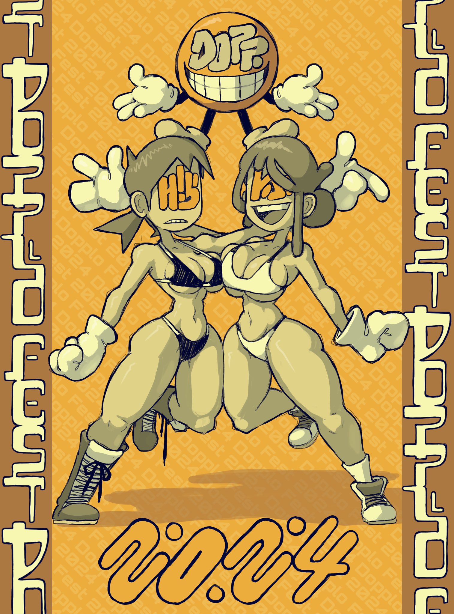 an illustration of two conjoined twin women standing back to back with happy expressions on their faces. the poster is for "dopplo fest 2024". the style is cartoony with exaggerated features. the color palette is mostly yellow and brown.