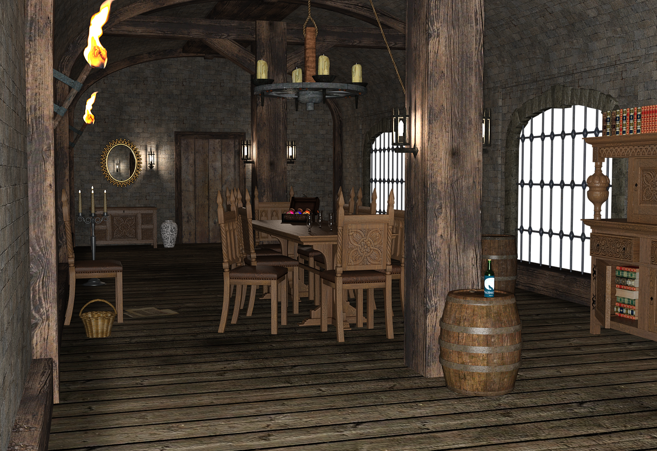 the image shows a castle dining room interior. the room is furnished with wooden furniture, including a long dining table surrounded by chairs, a cabinet filled with books, and a smaller cabinet topped with a vase and candle holder. a barrel with a wine bottle on top sits near a wooden pillar. the room is lit by a chandelier with candles, wallmounted lanterns, and a fireplace with flames. a mirror hangs on the wall, and barred windows provide a glimpse of the outside.