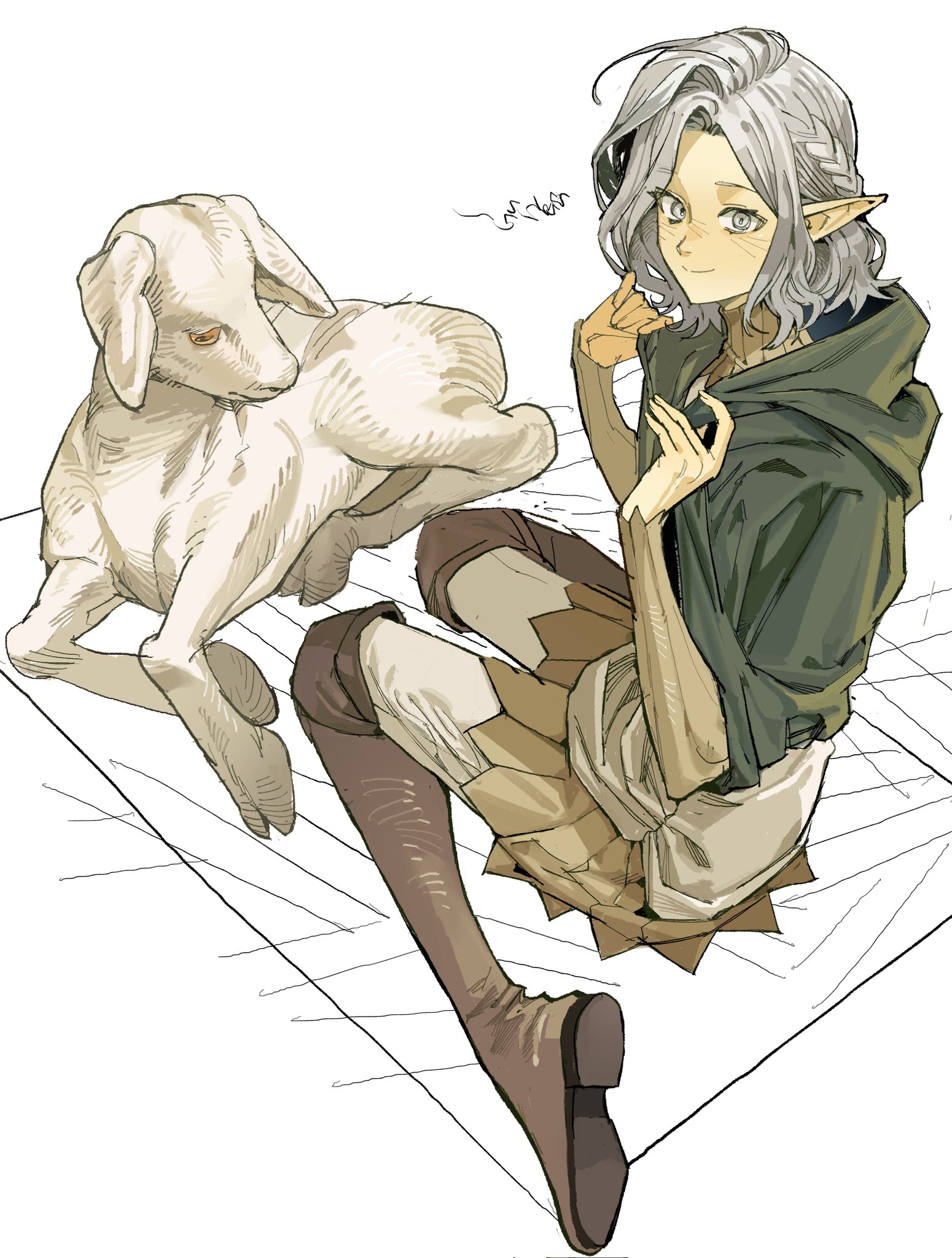 the image is a digital painting or illustration in an anime style. it depicts a young elf woman with long, silverygrey hair and pointed ears. she is seated with a lightcolored goat beside her. the elf wears a green cloak over a light beige outfit and brown boots. her expression is pleasant, and she appears to be interacting gently with the goat.  the overall style is soft and whimsical, with a lightcolored background emphasizing the figures. the drawing style is loose and expressive, with some visible sketch lines hinting at the creation process.