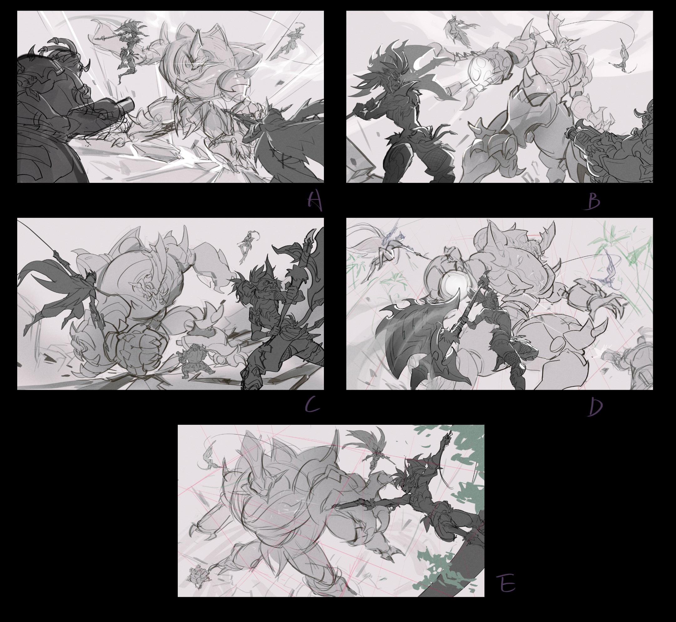 the image is a series of five sketches depicting a battle between a large, imposing monster creature and a warrior. the first sketch shows the monster charging forward while the warrior looks ready to attack with a sword. the second sketch shows the monster swinging its claws and the warrior swinging its sword. the third sketch shows the monster standing tall and the warrior crouching low to the ground,  and the warrior looks ready to attack. the fourth sketch shows the monster striking the warrior with its claw and the warrior raising its sword to block the attack. the fifth sketch shows the monster charging towards the warrior, who has just jumped into the air to dodge the attack. the sketches are done in black and white, and the lines are rough and expressive. the images are set against a backdrop of trees and mountains, and the composition is dynamic and actionpacked. these are sketches, and they show the planning and process of bringing an idea to life.