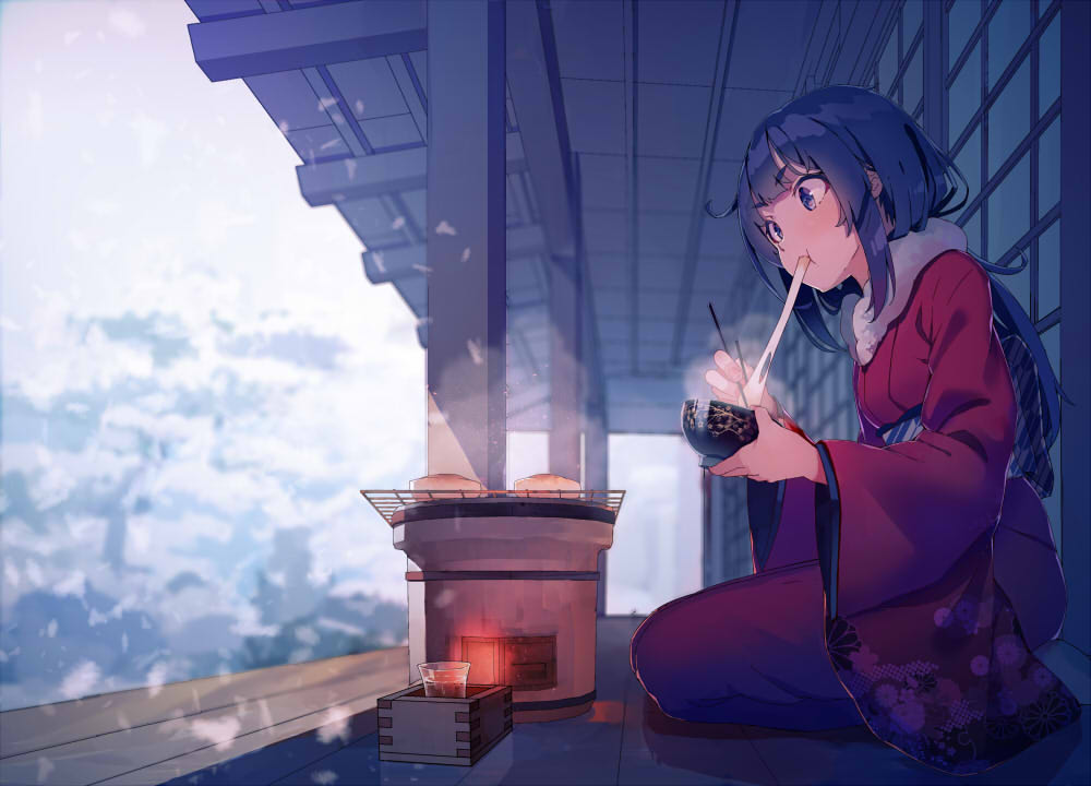 animestyle image of a girl in a kimono squatting outdoors while eating mochi with chopsticks. she is holding a bowl in her left hand and holding the mochi between chopsticks with her right hand, bringing it up to her mouth. in front of her is a small grill with two mochi cakes on top, with steam rising. beside the grill is a small box with a glass cup on top. the background shows a cloudy sky with snow falling. the girl has dark blue hair and wears a red kimono with a floral pattern. the setting appears to be a traditional japanese building with pillars and a roof overhang.