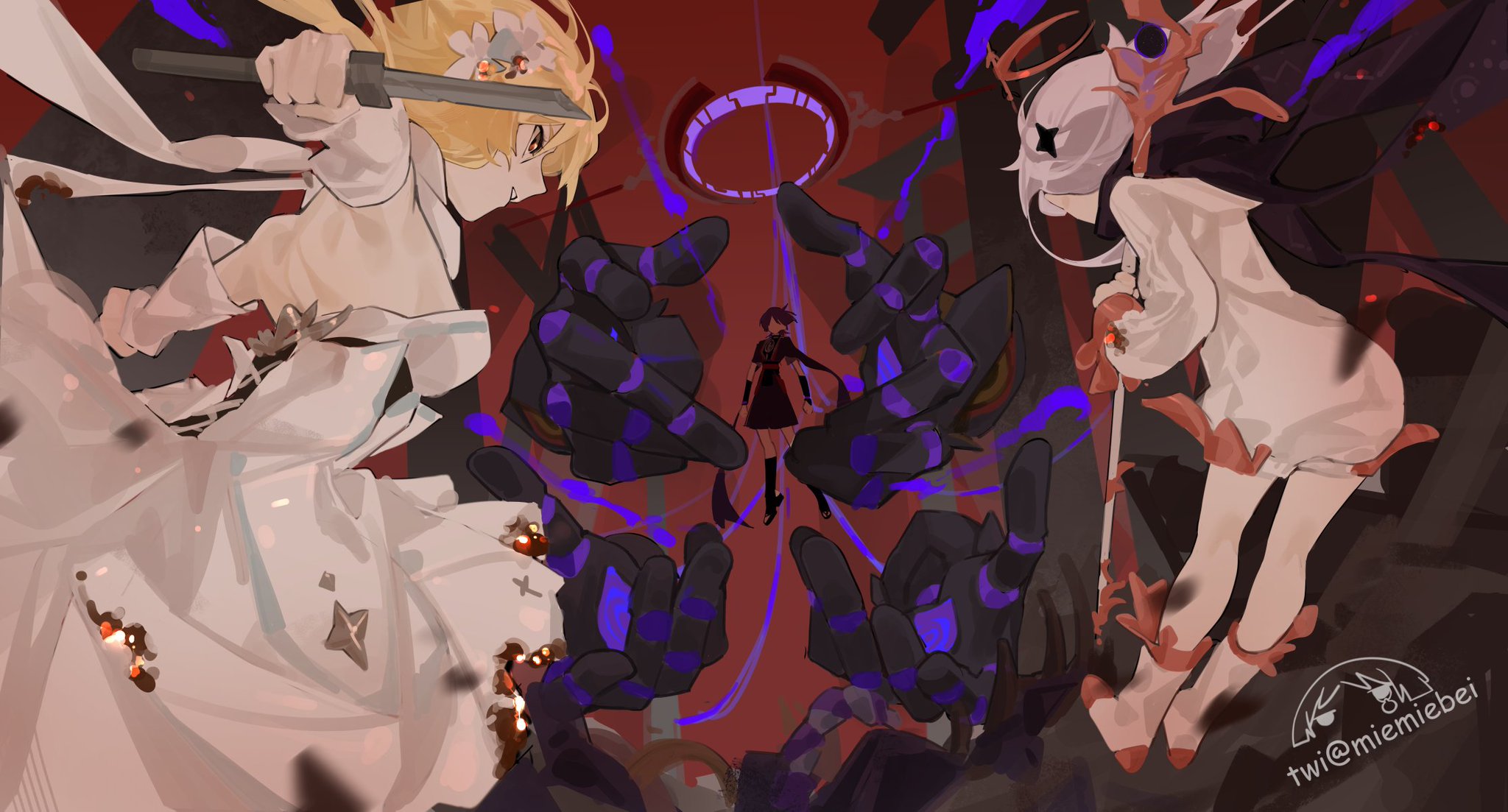 the image is an anime style digital illustration of two girls in a fight. the girl on the left has yellow hair and is wearing a white dress with gold accents. she is wielding a sword and has a determined expression on her face. the girl on the right has white hair and is wearing a white dress with red accents. she has a more sinister expression on her face and appears to be casting some sort of magic. there are several purple hands floating in the background which are seemingly casting magic. the background is mostly red with hints of purple and blue.