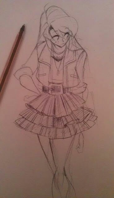 a pencil drawing of a girl in a cute skirt with frills and a jacket on.  she has animestyle eyes and hair.  she is drawn in a relaxed pose.