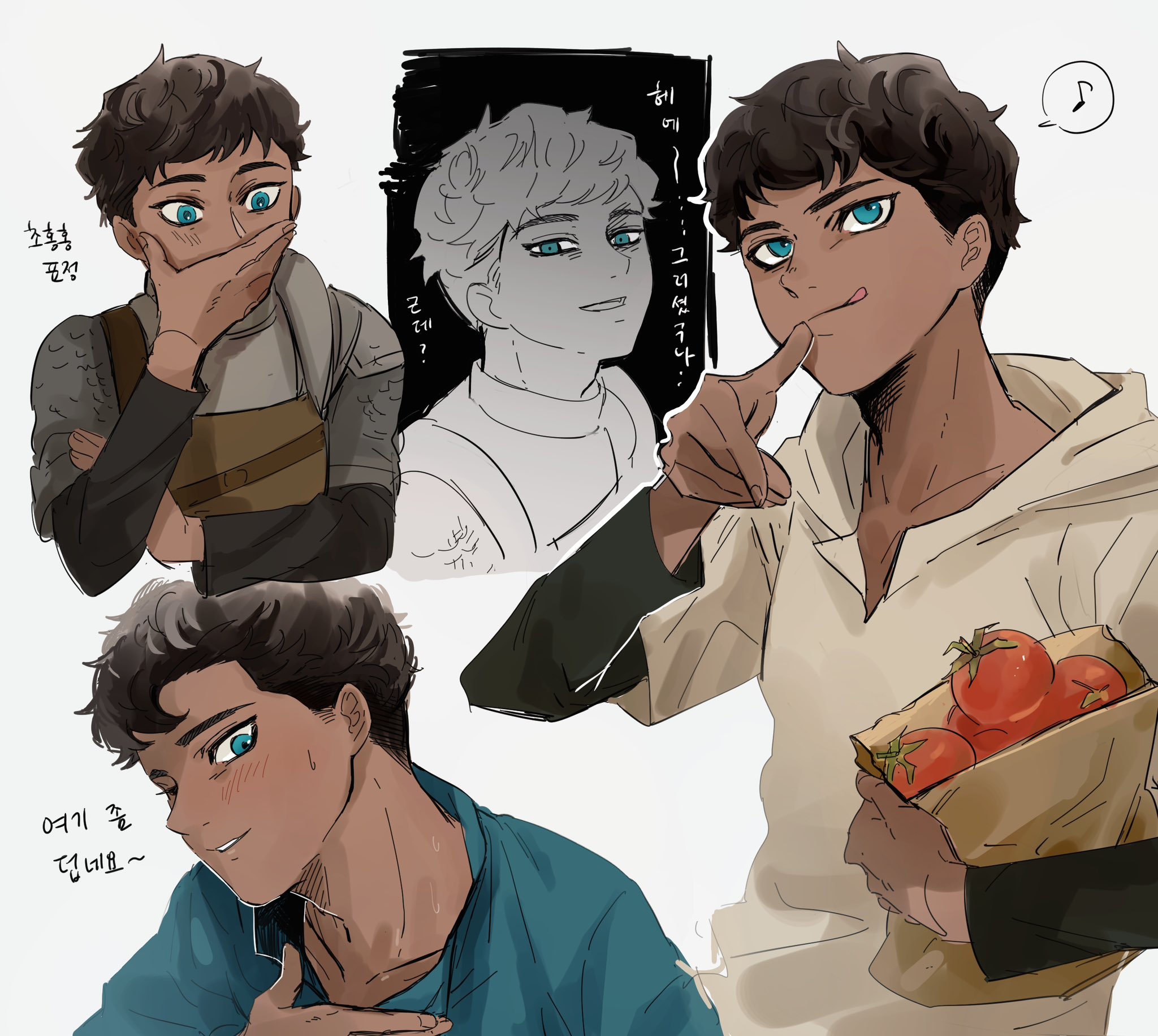 he image contains multiple sketches of a young male anime character with varying expressions and outfits.  one sketch shows him in a medievalstyle outfit, another in a simple tunic, and a third in a more modern style shirt. one sketch shows him holding a bag of tomatoes. the artwork features several closeup shots of the character's face, highlighting his emotions and features. the style is casual and expressive, with a mix of detailed and loose lines.  korean text is visible within the image, appearing to be dialogue or thought bubbles.  the overall vibe is lighthearted and charming.
