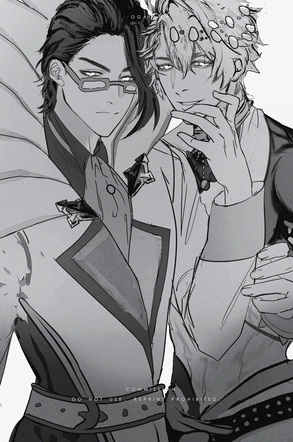 a black and white illustration of two anime boys standing close together. one has his arm around the other's shoulders and is leaning in close while the other is smiling. they are both dressed in stylish clothes, the one on the left is wearing a jacket and tie while the one on the right is wearing a shirt with a collar. they both have attractive features like sharp jawlines and sparkling eyes. the background is plain with the exception of a line of text at the bottom reading "commission artwork do not use reprint prohibited."