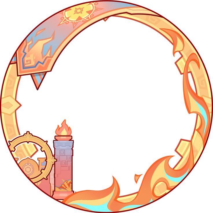 the image is a circular frame with a decorative design featuring elements of fire and sun. the color scheme is predominantly orange, yellow, and blue. the top section of the frame has a stylized sun emblem, while the bottom section includes a representation of a torch with flames and a wheellike structure. the frame's overall design is intricate and appears to be inspired by a fantasy or mythical theme.