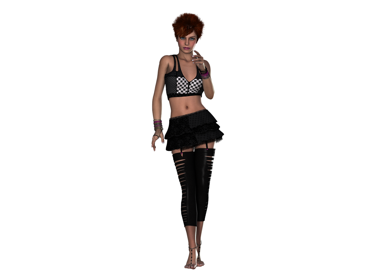 a woman with short red hair stands against a black background. she is wearing a checkerboard crop top, a layered black skirt with a garter belt, and black leggings with multiple horizontal slits. she has multiple bracelets on her wrists, and she is barefoot with jewelry around her ankles. her right hand is raised to her face in a posing gesture.