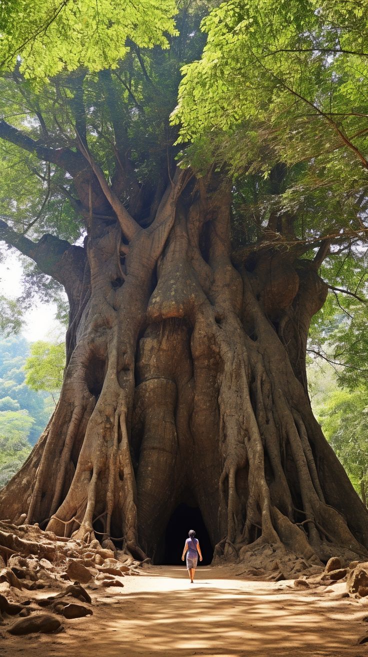 a tall, massive tree with a cavernous entrance at its base dominates the image. a person walks along a dirt path towards the entrance. the tree's roots extend from its trunk and spread along the ground. leaves from the tree and other plants create a canopy overhead, letting in dappled sunlight. the background shows more trees and a glimpse of the forest.