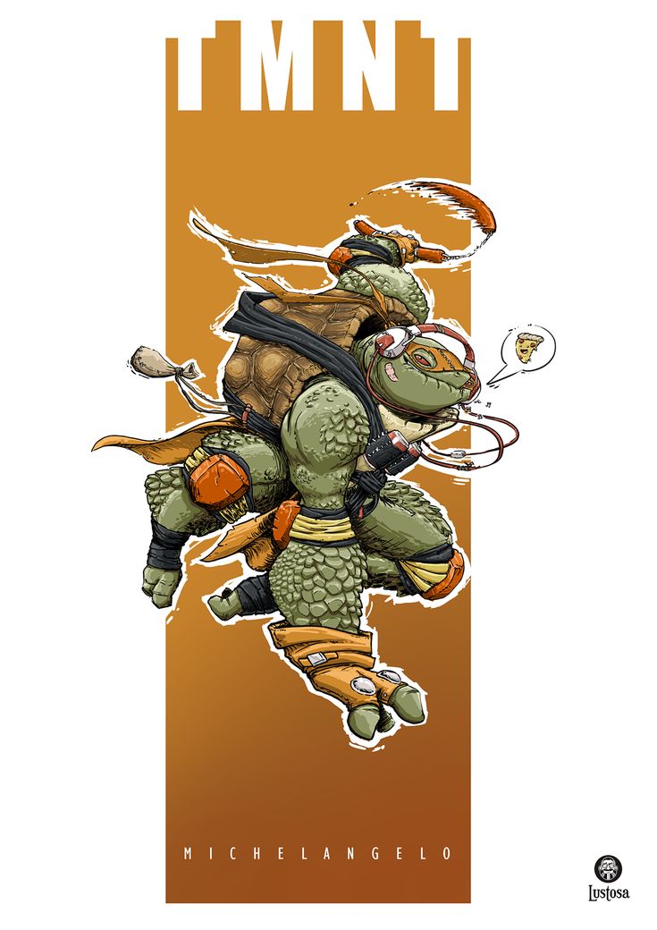 a digital illustration of michelangelo from the teenage mutant ninja turtles. he is drawn in a cartoon style and is in action pose with his signature orange bandana and nunchucks. he is wearing headphones and has a pizza slice in a speech bubble. he is in front of a brown background with the words "tmnt" and "michelangelo" written below him.  the art style is reminiscent of comic book artwork.