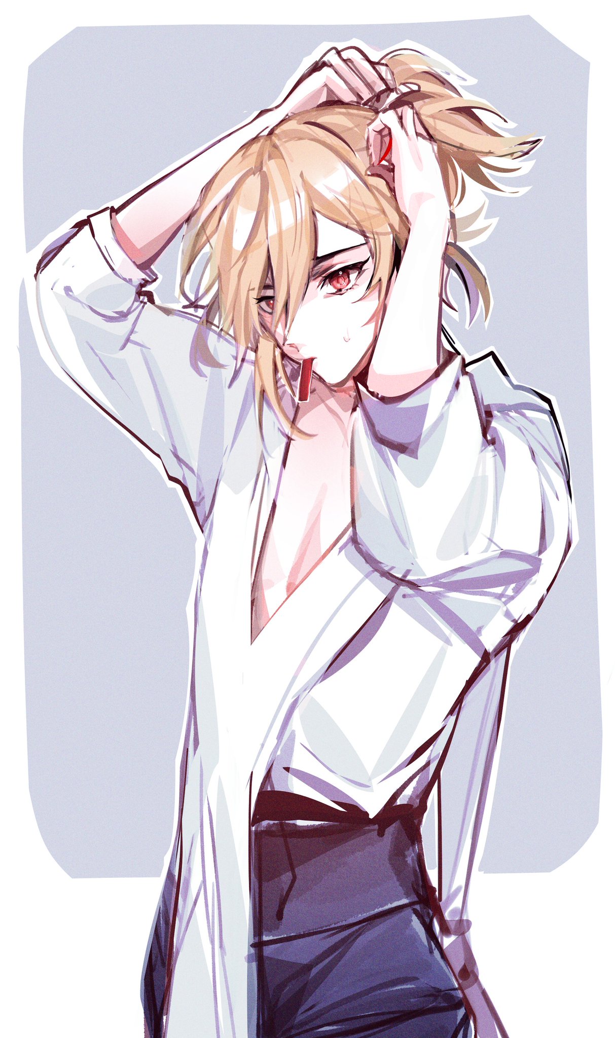 the image is a digital illustration of a young anime character with blond hair and red eyes. he is wearing a white shirt with a vneck and blue pants. he is holding his hair up in a ponytail with his left hand and is looking to the side with a slightly bored expression. the drawing is done in a cartoon style and has a soft, pastel color palette.