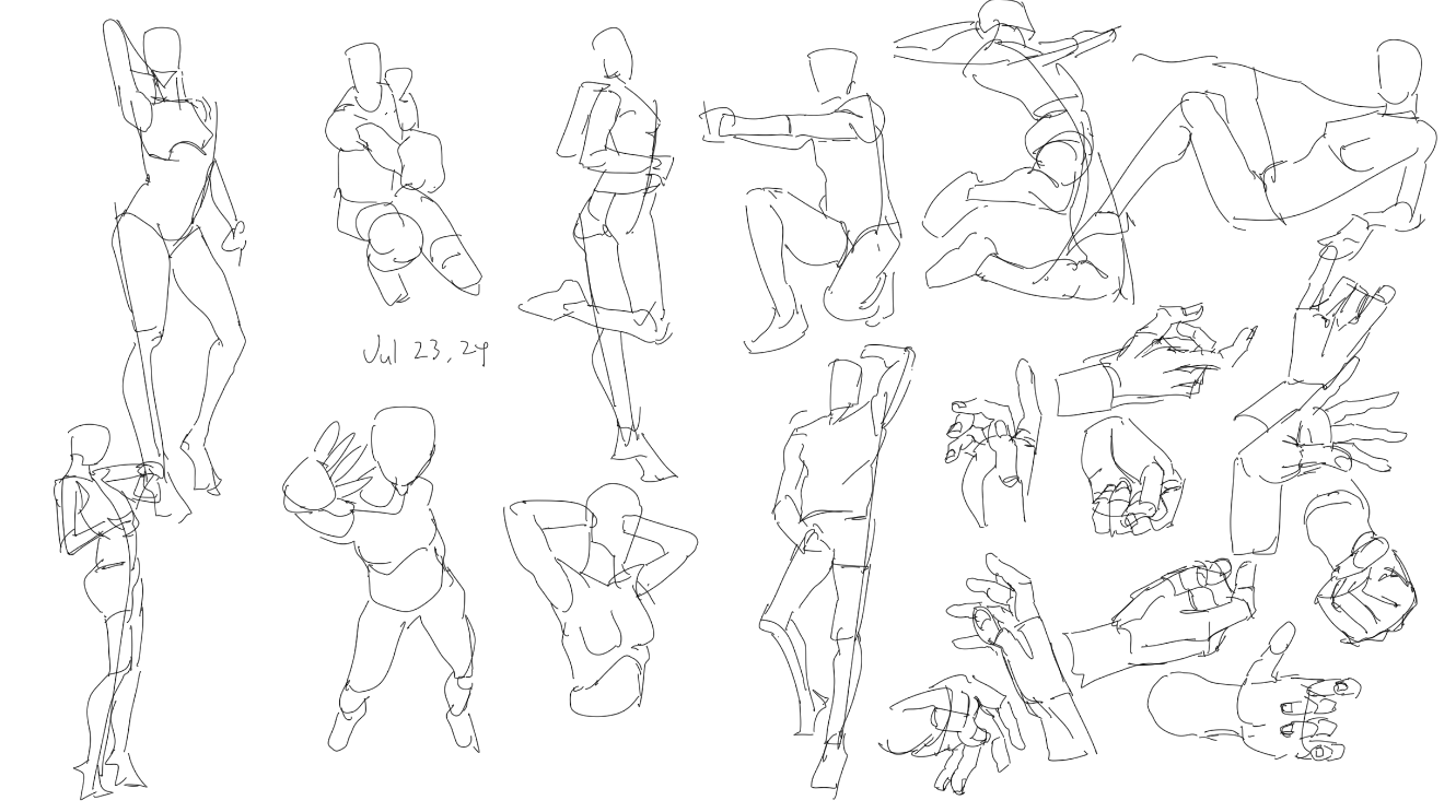 a black and white drawing of various human figures and hand poses. the drawing is done in a loose, sketching style and utilizes simple lines to depict form and movement.