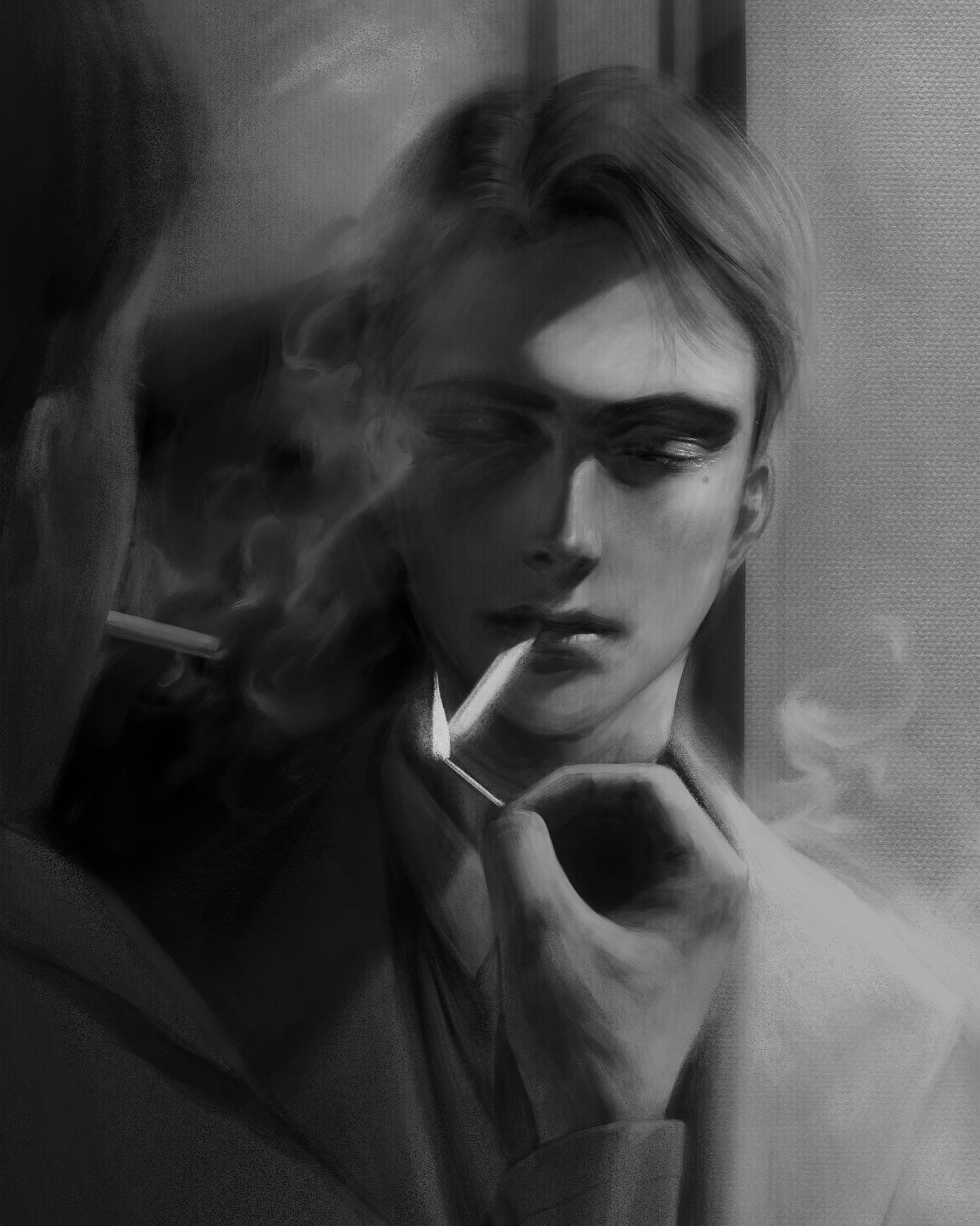 a man in a suit is smoking a cigarette while sitting in a dimly lit room. the image is in black and white, and the man's face is partially obscured by smoke. he looks mysterious and stylish. the image is wellcomposed and has a strong sense of mood.
