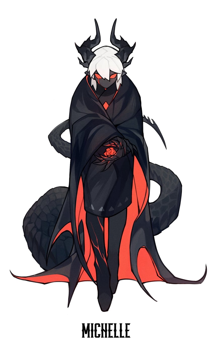 the image showcases a character design against a white background. the character, named michelle, has pale skin, white hair, and glowing red eyes, evoking a demonic or otherworldly presence. they possess black dragonlike horns and a long, segmented tail that curves behind them. michelle wears a long black robe with a red lining and a high collar,  holding a dark object emitting red energy.  the overall aesthetic leans toward dark fantasy.