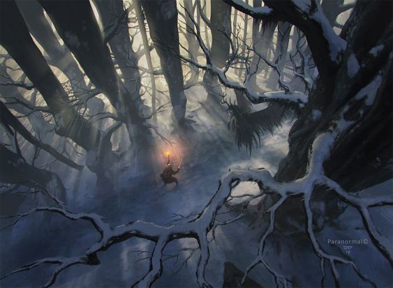 a lone man holding up a torch for light is walking through a snowy, and dark forest. there's a large dark creaturelike figure looming over him on the right.